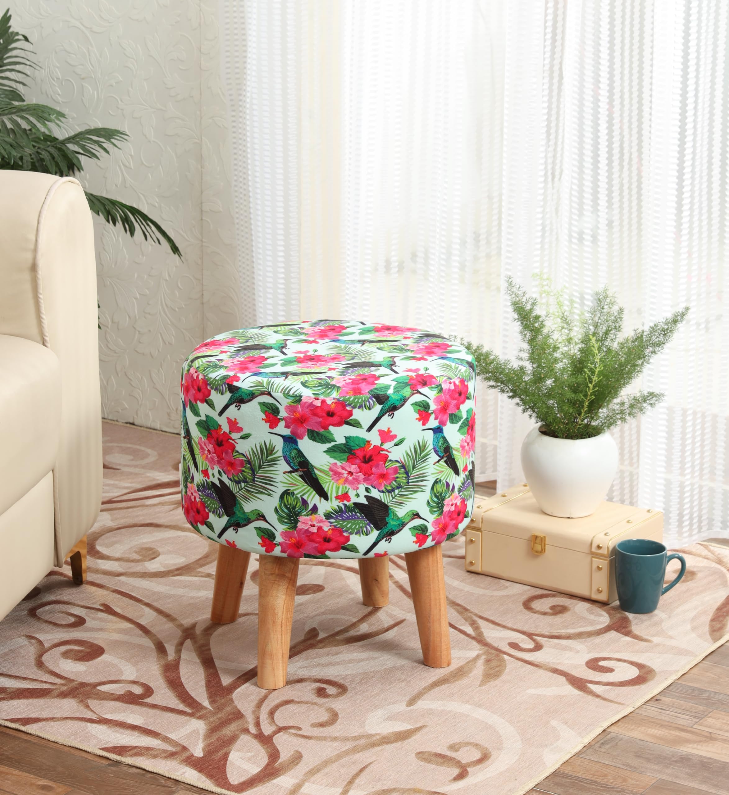 NACIA Printed Ottoman Rounded Stool for Living Room 16x16x17 Inch | Wooden Leg Pouffes for Sitting | Puffy Footrest | Furniture for Home Decor | Dressing Table Stool, Green