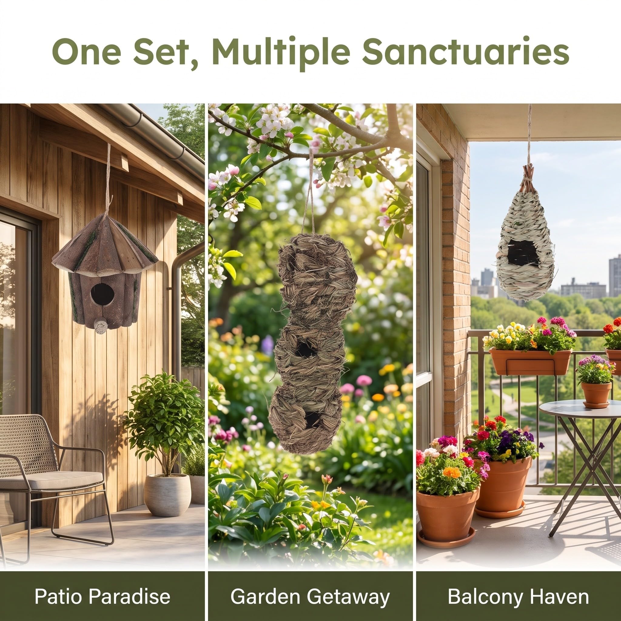 Zerodeko Lot de 3 nichoirs Suspendus d'extérieur, nichoirs décoratifs en Bois, Petits nids en jonc de mer, abris de Jardin pour canaris, Rouges-Gorges et moineaux