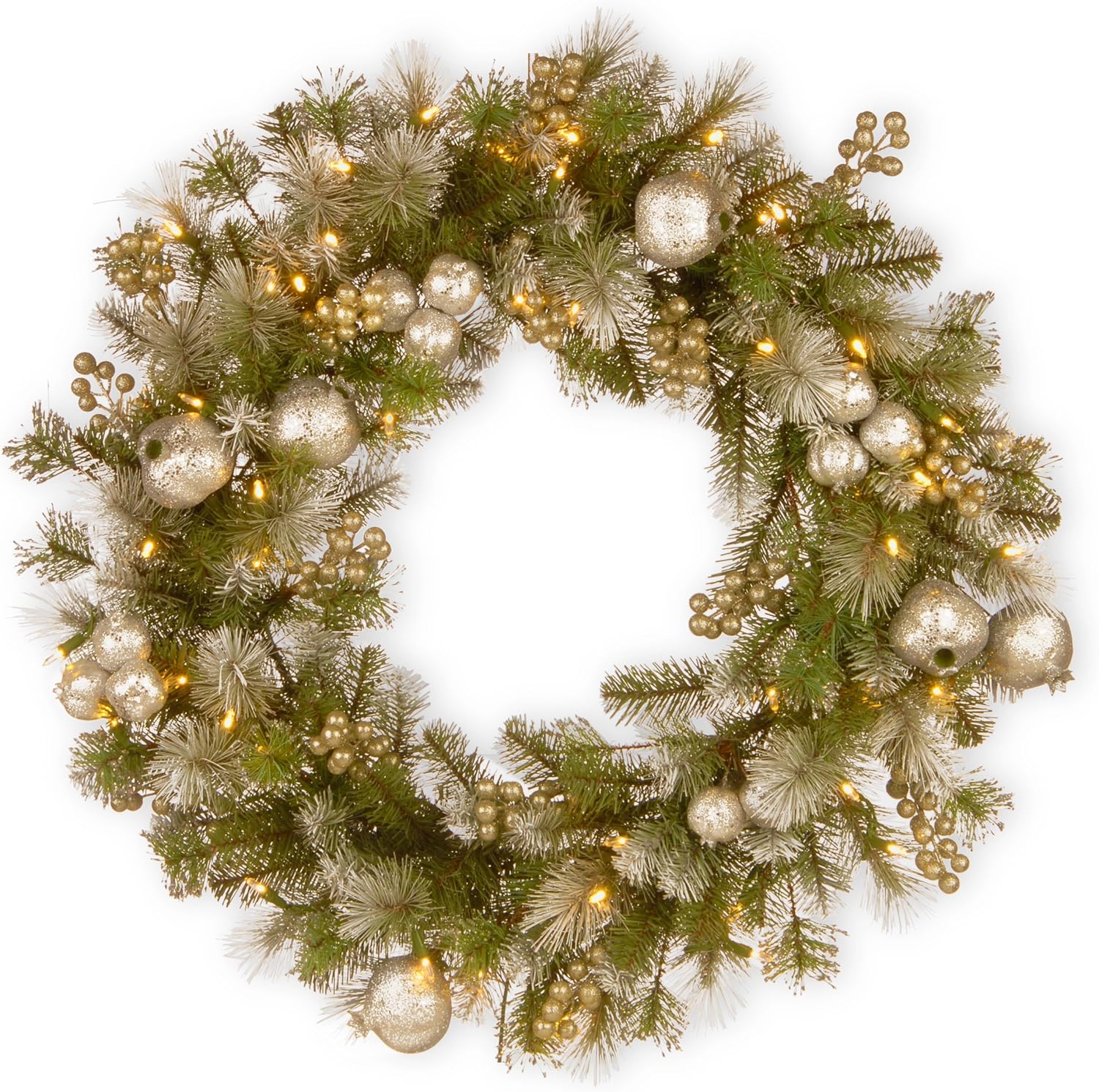 National Tree Company Pre-Lit Artificial Christmas Wreath, Green, Glittery Pomegranate Pine, White Lights, Decorated with Pomegranates, Berry Clusters, Christmas Collection, 30 Inches