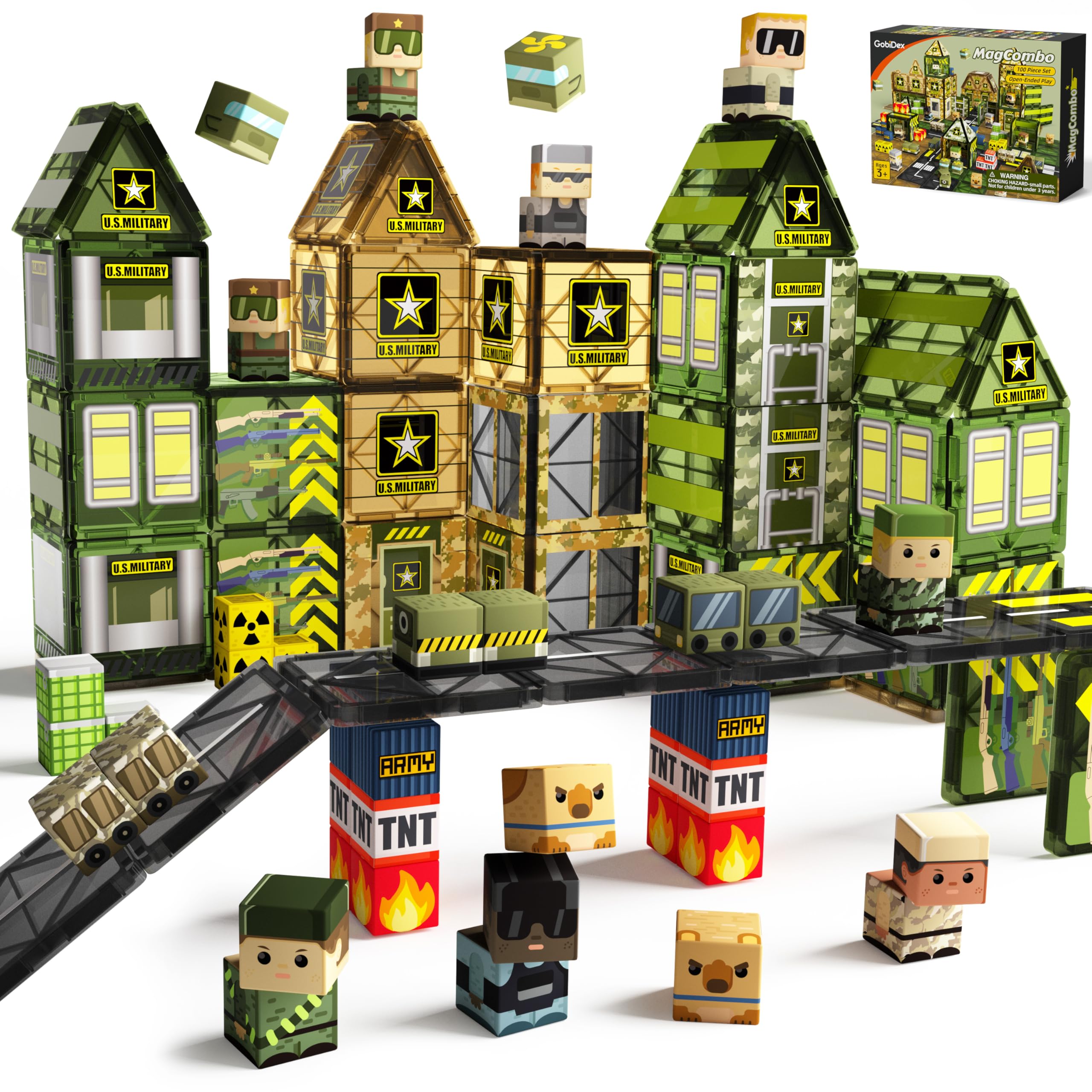 GobiDex 100pcs Magnetic Tiles Army Toys for Boys STEM Military Magnetic Building Blocks Toddlers Kids Age 3-5 Years 4-8 Years Old Magnetic Construction Army Men Playset Birthday Gift for Boys & Girls