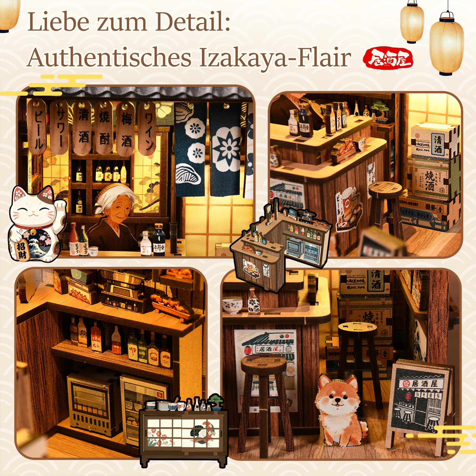 Book Nook Kit Japońskie Izakaya ze światłem LED | Drewniane puzzle 3D | Miniaturowa scena Japonii | Dotykowe światło LED | Kreatywne DIY | Dekoracja regału
