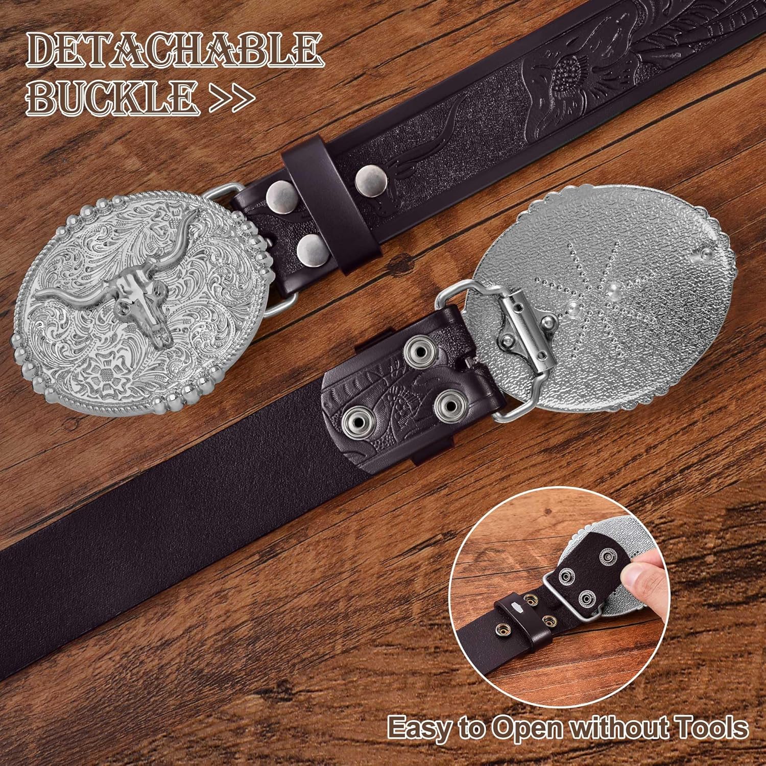 FIORETTO Western Cowboy Belts for Men Women Cowgirl Leather Belt Big Buckle Bull Belt for Jeans - Image 4