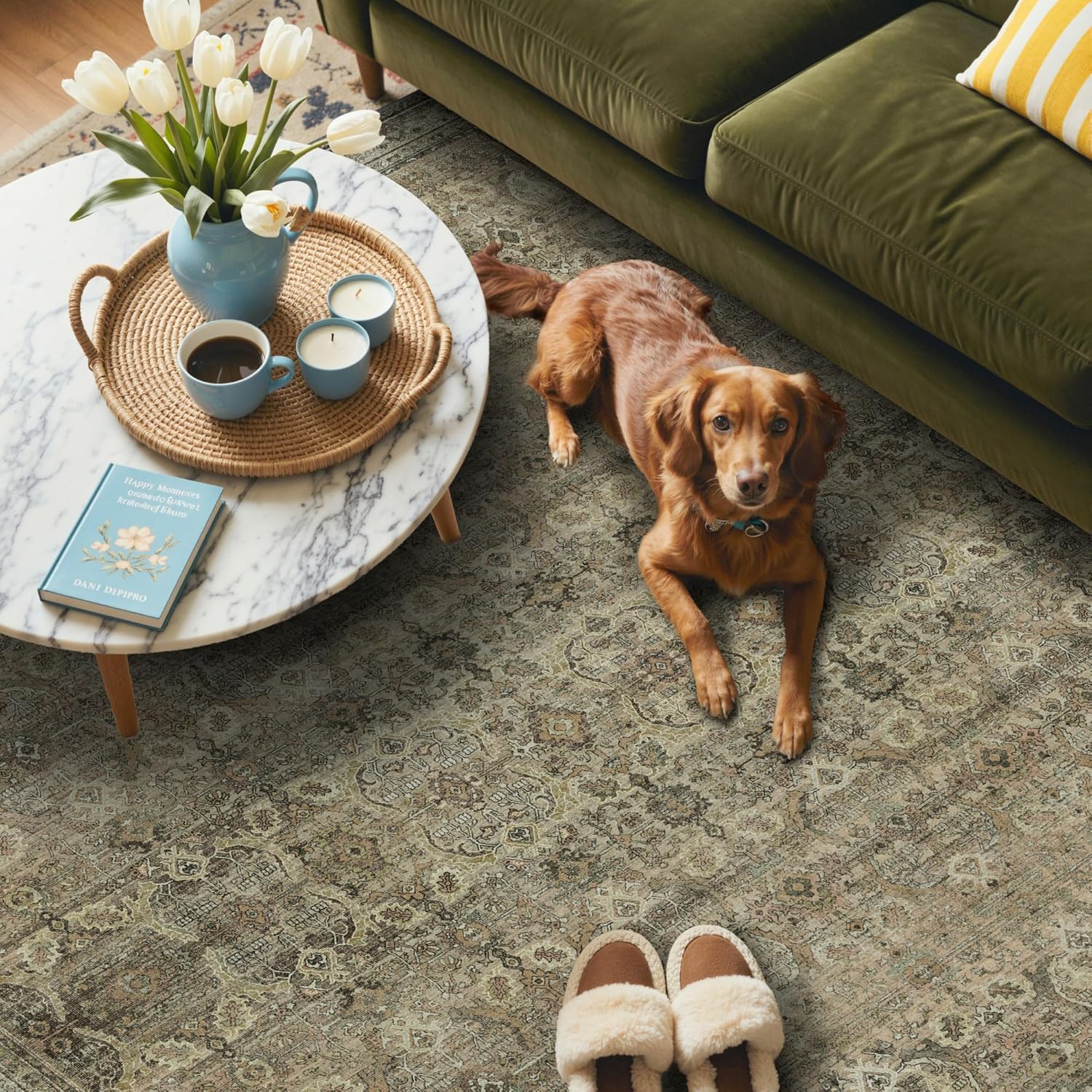 GENIMO 9x12 Area Rugs for Living Room, Machine Washable Non Slip Vintage Rugs, Low Pile Lightweight Chenille Print Rug for Bedroom, Dining Room, Home Office, Green Khaki - Image 3