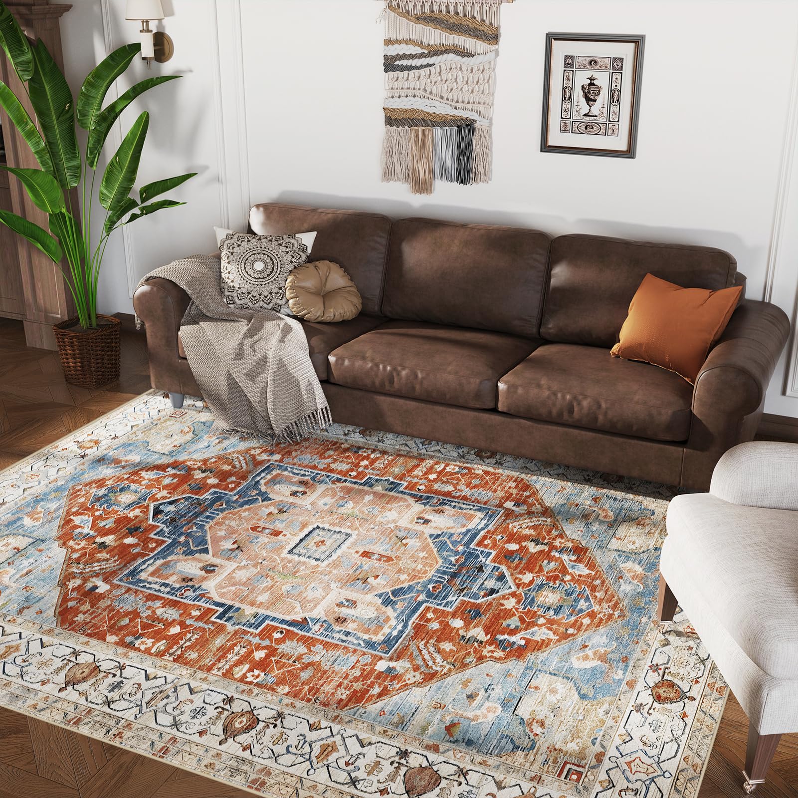 Washable Rug 8x10 Area Rugs for Living Room - Stain Resistant Non-Slip Backing Rugs for Bedroom,Ultra-Thin Vintage Large Area Rug, Modern Fuzzy Rug