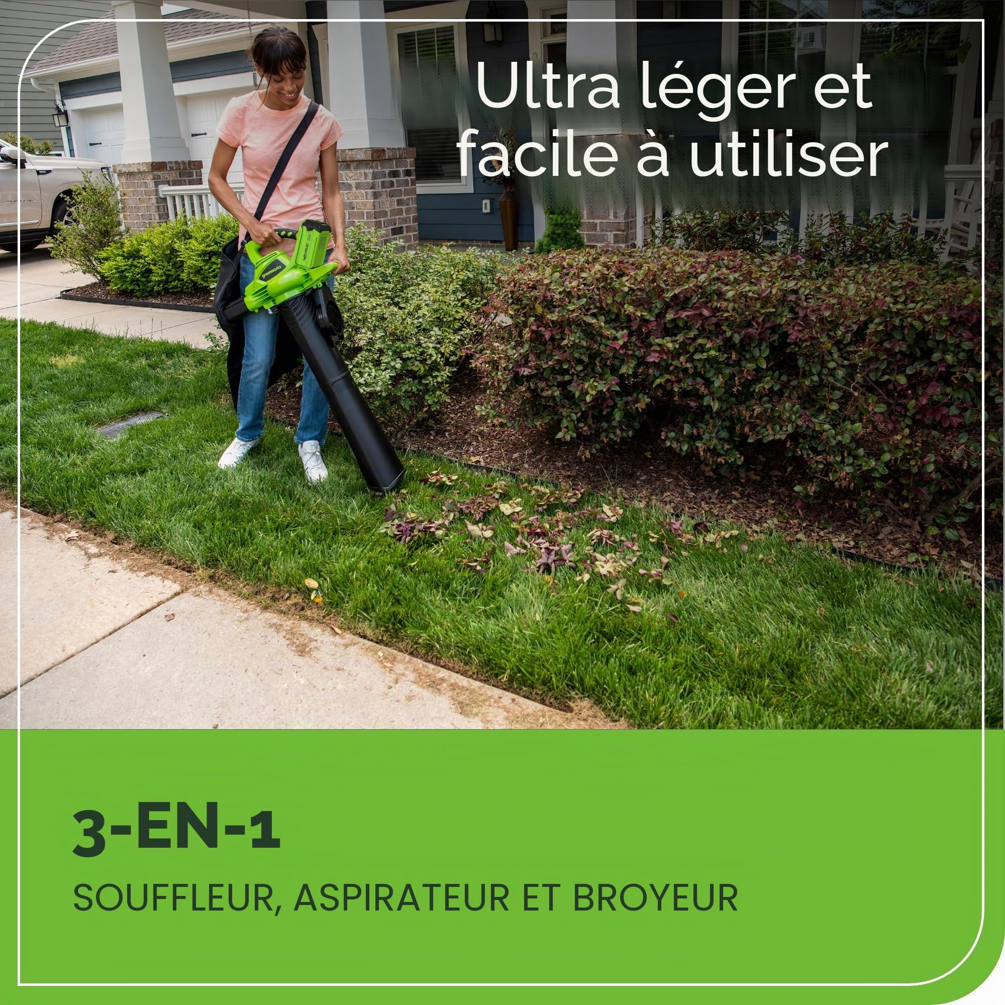 Greenworks GD40BV 40V Aspirateur Souffleur Sans Fil Sans Balais 280 km/h 9,63 m³/min Sac Mulching 45L
