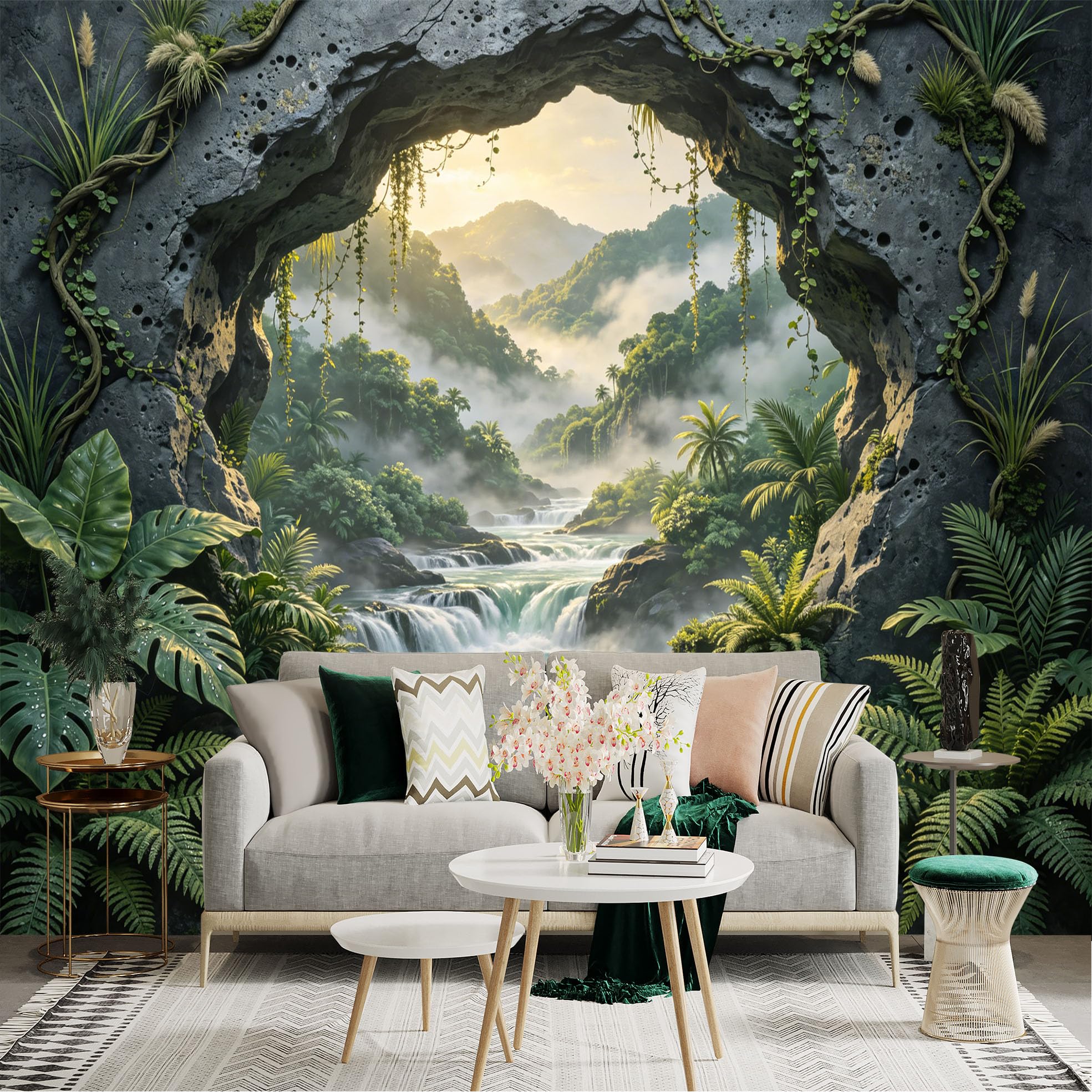 Custom Size Wall Sticker Mural， Tropical Waterfall with Misty Mountains and Lush Jungle， for wall Decoration， peelandstick wall Decals.