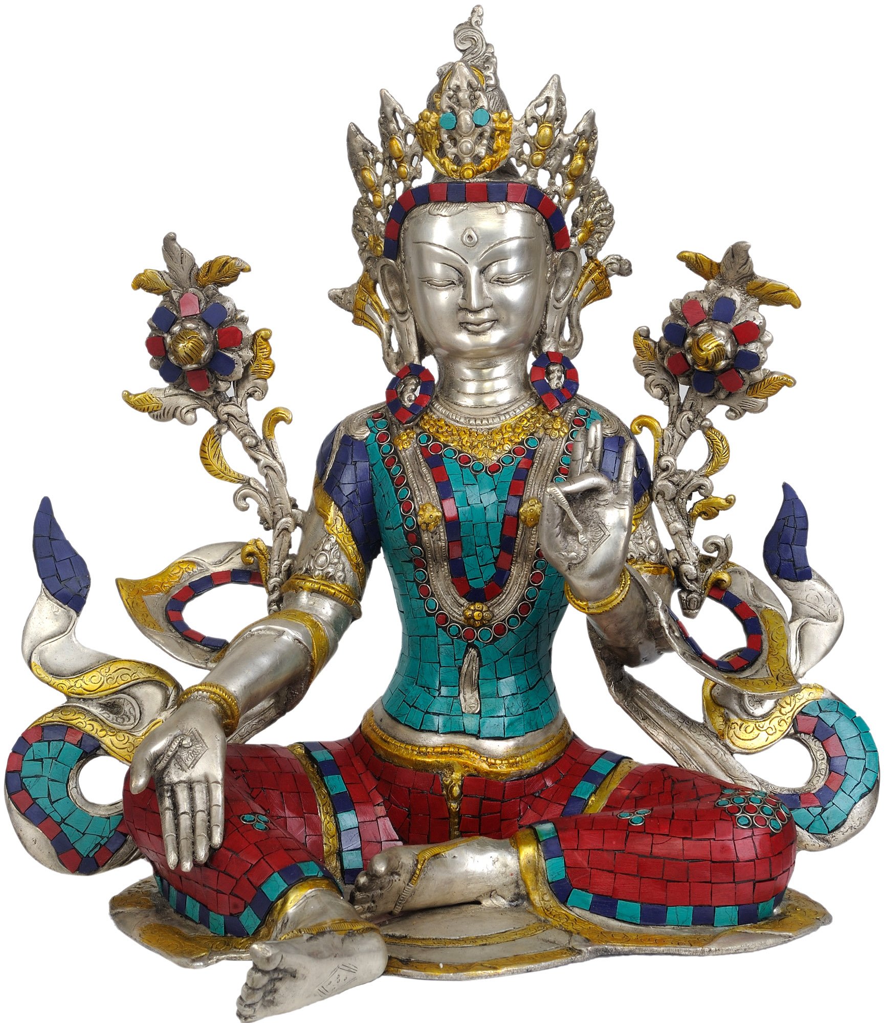Exotic India Göttin grün Tara (mit Einlegearbeiten) – Messing Statue mit Einlage