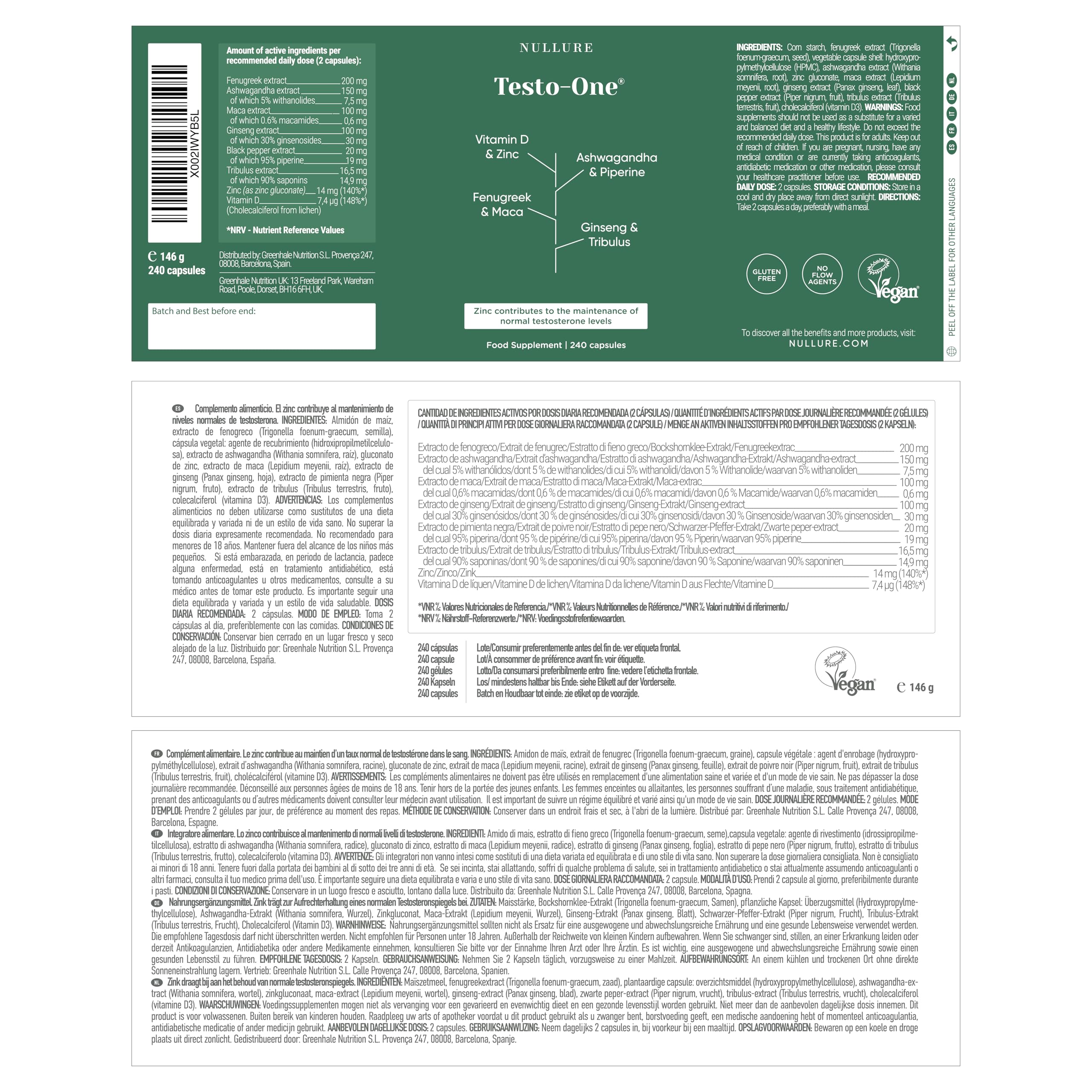 Testo One® Testosterona Hombre Natural | Nullure | 240 caps (4 meses) | Testado en laboratorio alemán | Vegano y Sin Esterato de Magnesio | Rendimiento · Musculación · Energía |8 Ingredientes