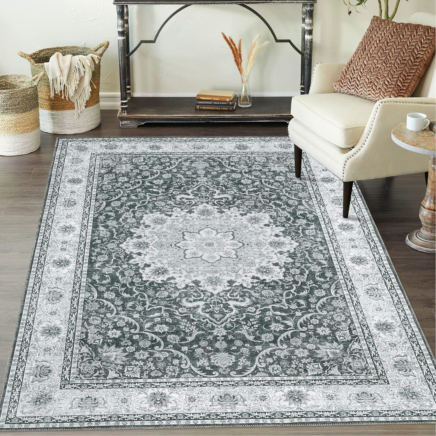 COZYLOOM Large 9x12 Area Rug Bedroom Living Room Non-Slip Oriental Indoor Area Rug Medalion Distressed Carpet Boho Tribal Area Rugs Vintage Area Rug for Home Office, 9' x 12' Grey