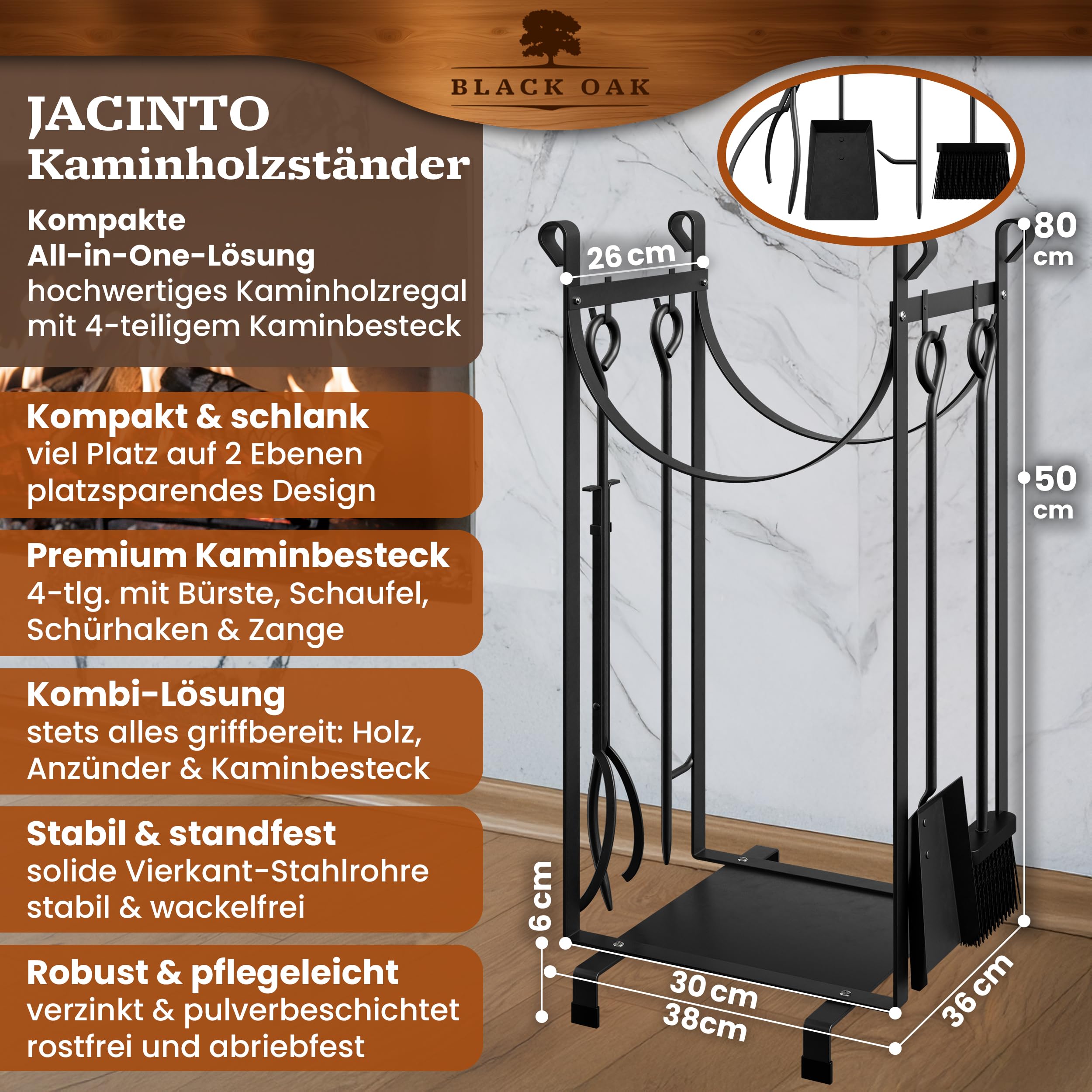 FIVMEN Brandhoutrek voor binnen, met 4 haardgereedschap, brandhoutrek, houtrek, metalen rek, incl. schep, tang, borstel, pookhaak, haardaccessoires, haardbestek voor open haard, 75 x 38 x 40 cm FIVMEN Brandhoutrek voor binnen, met 4 haardgereedschap, brandhoutrek, houtrek, metalen rek, incl. schep, tang, borstel, pookhaak, haardaccessoires, haardbestek voor open haard, 75 x 38 x 40 cm