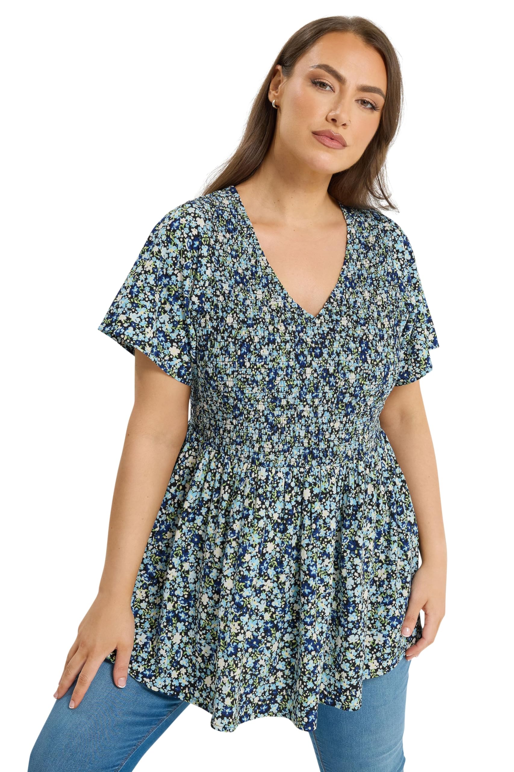 Yours Women's Black Ditsy Floral Shirred Top In Size 18