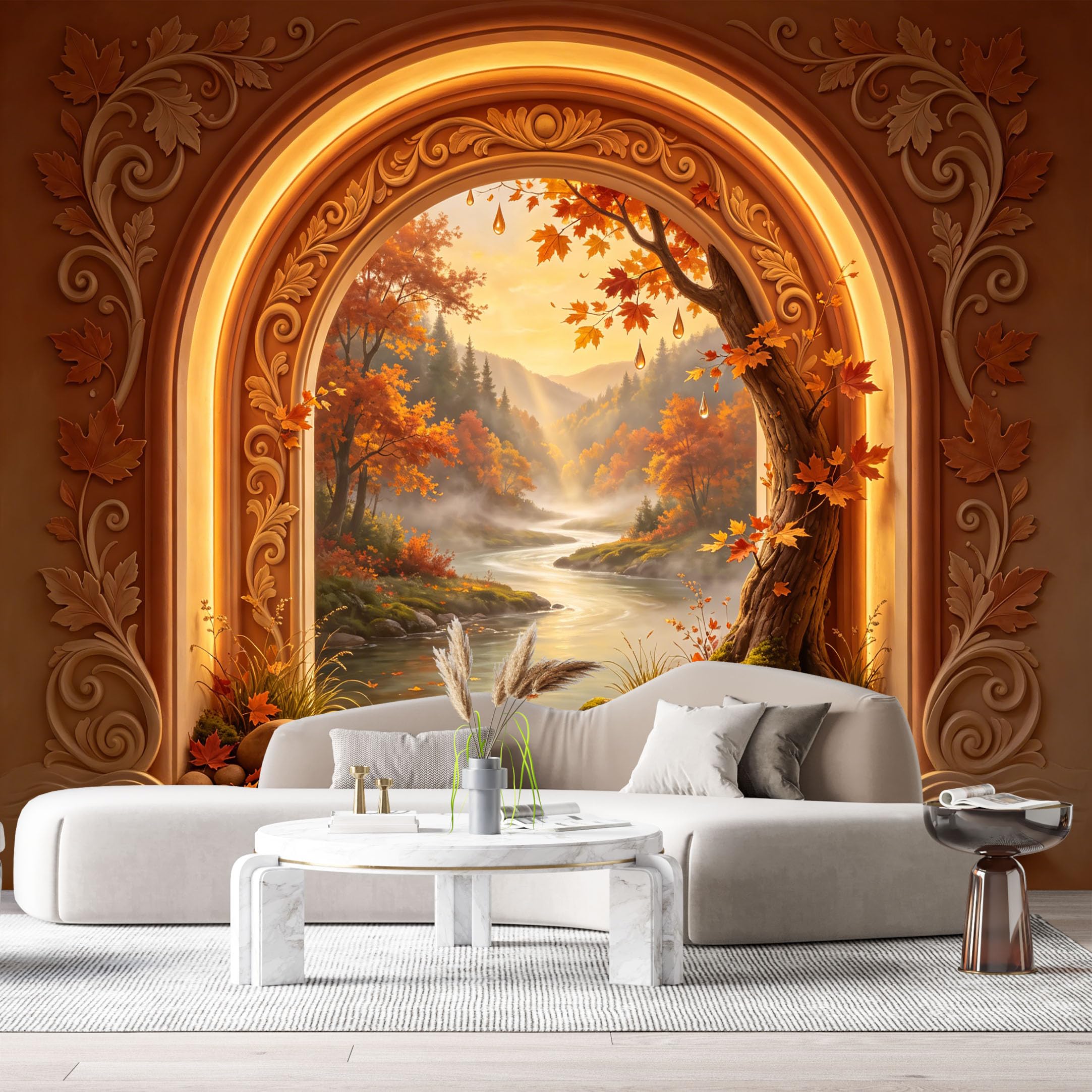 Custom Size Wall Murals Autumn Forest Lake Landscape 3D Trompe L'Oeil SelfAdhesiveWall Fabric Removable Wallpaper Wall Decor for Living Room Bedroom Bathroom