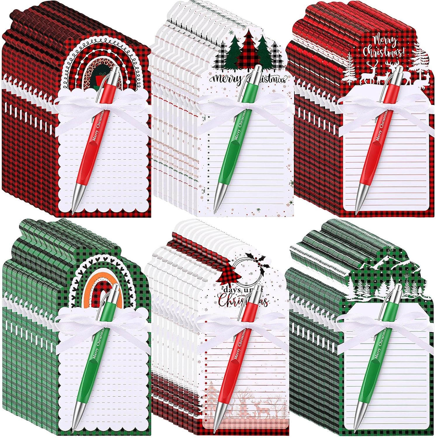 Zhanmai 96 Pcs Christmas Sticky Notes with Ballpoint Pens and Ribbons Christmas Themed Gifts Cute Plaid Design Die Cut Memo Note Pad Red Green Ballpoint Pen for School Office Home Present