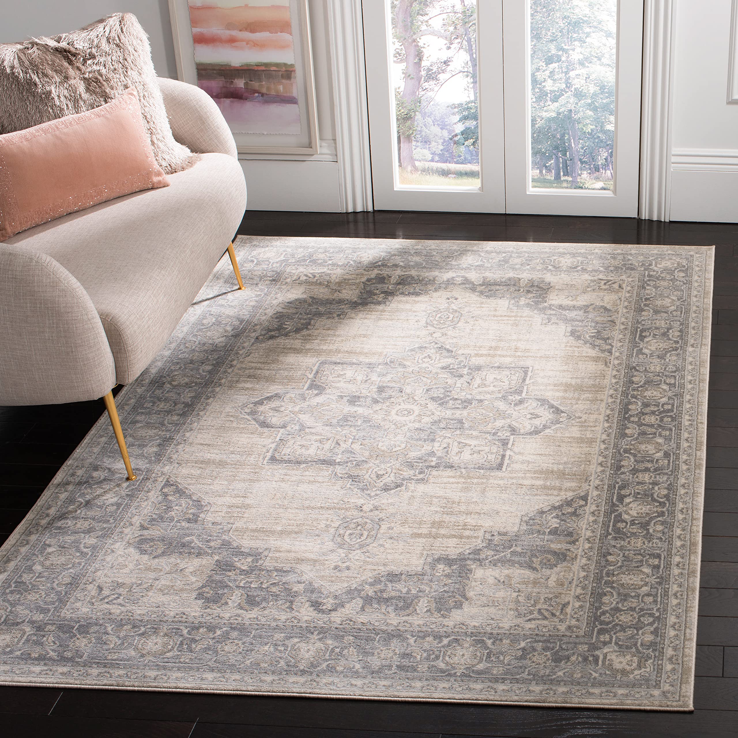 SAFAVIEH Area Rug 6x9 - Brentwood Collection - Cream & Grey, Medallion Distressed Design, Non-Shedding & Easy to Clean, Ideal for Living Room, Bedroom