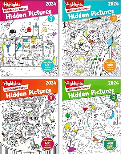 Highlights Hidden Pictures 2024 Libros de actividades para niños de 6 años en adelante, juego de 4 libros de pantalla para viajar gratis busca y