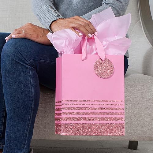 Miniatura 2 de Hallmark - Bolsa de regalo con papel de seda tamaño grande diseño de lunares color rosa M Rayas rosadas medias