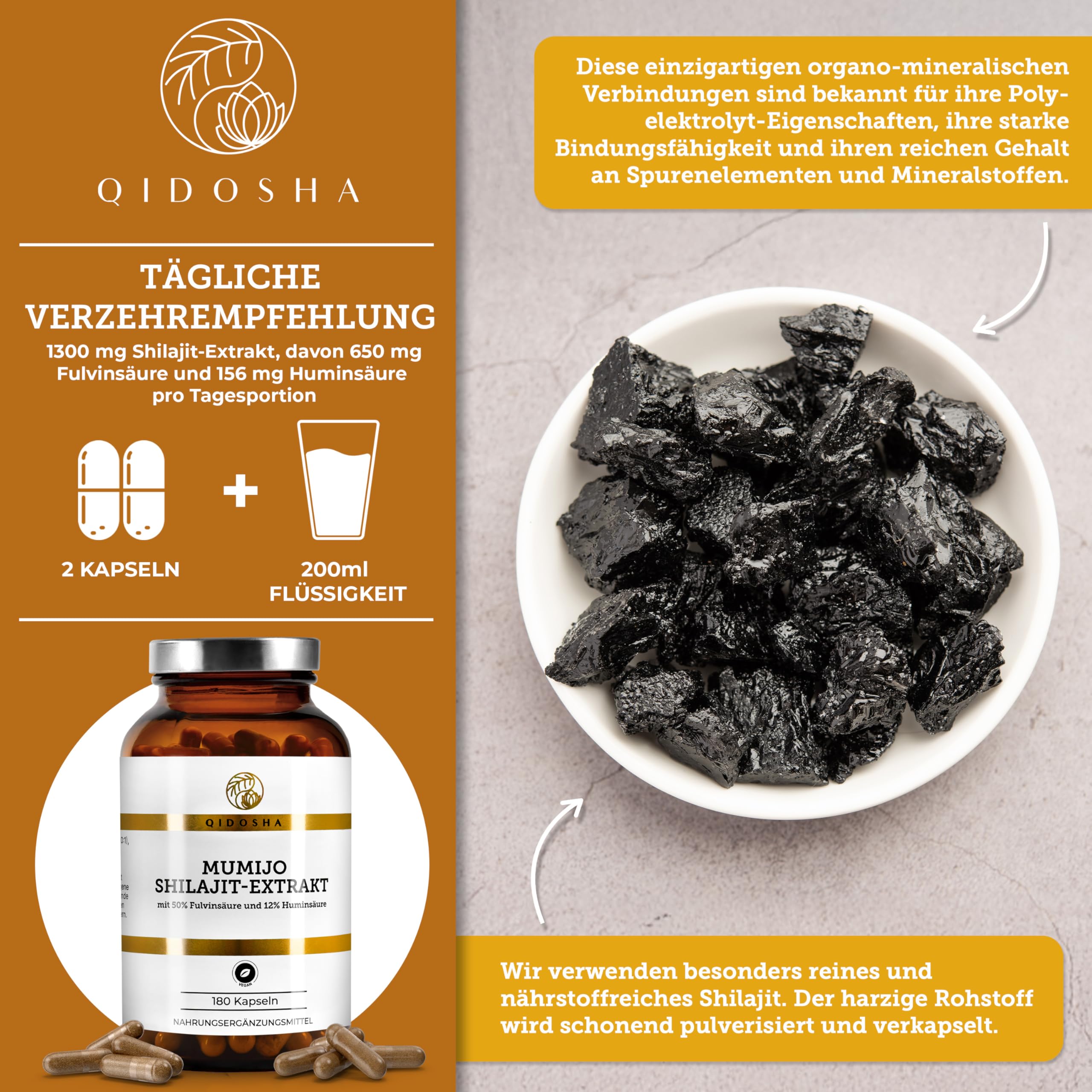 QIDOSHA® Mumijo Shilajit, hochdosiert: 13.000 mg Shilajit pro Tag (10:1 Extrakt), Original Himalaya, 50% Fulvinsäure, 12% Huminsäure, 180 Kapseln, deutsche Fertigung, jede Charge laborgeprüft
