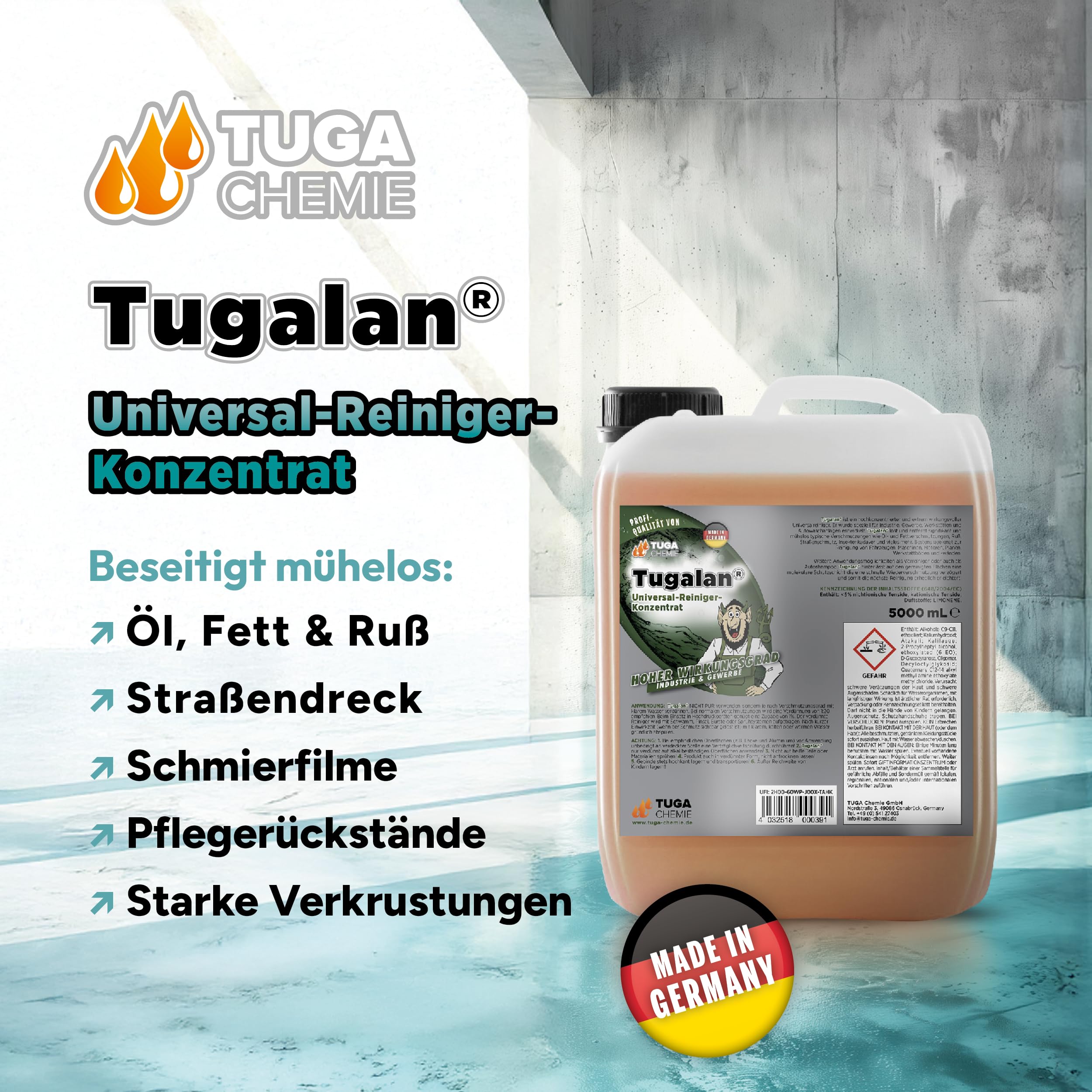 Tuga Chemie Tugalan Werkstattreiniger Konzentrat, 5 L Kanister, kraftvoll | Industrie- & Werkstattreiniger gegen Öl, Fett & Schmutz, Hochkonzentriert, Vielseitig Einsetzbar, Made in Germany