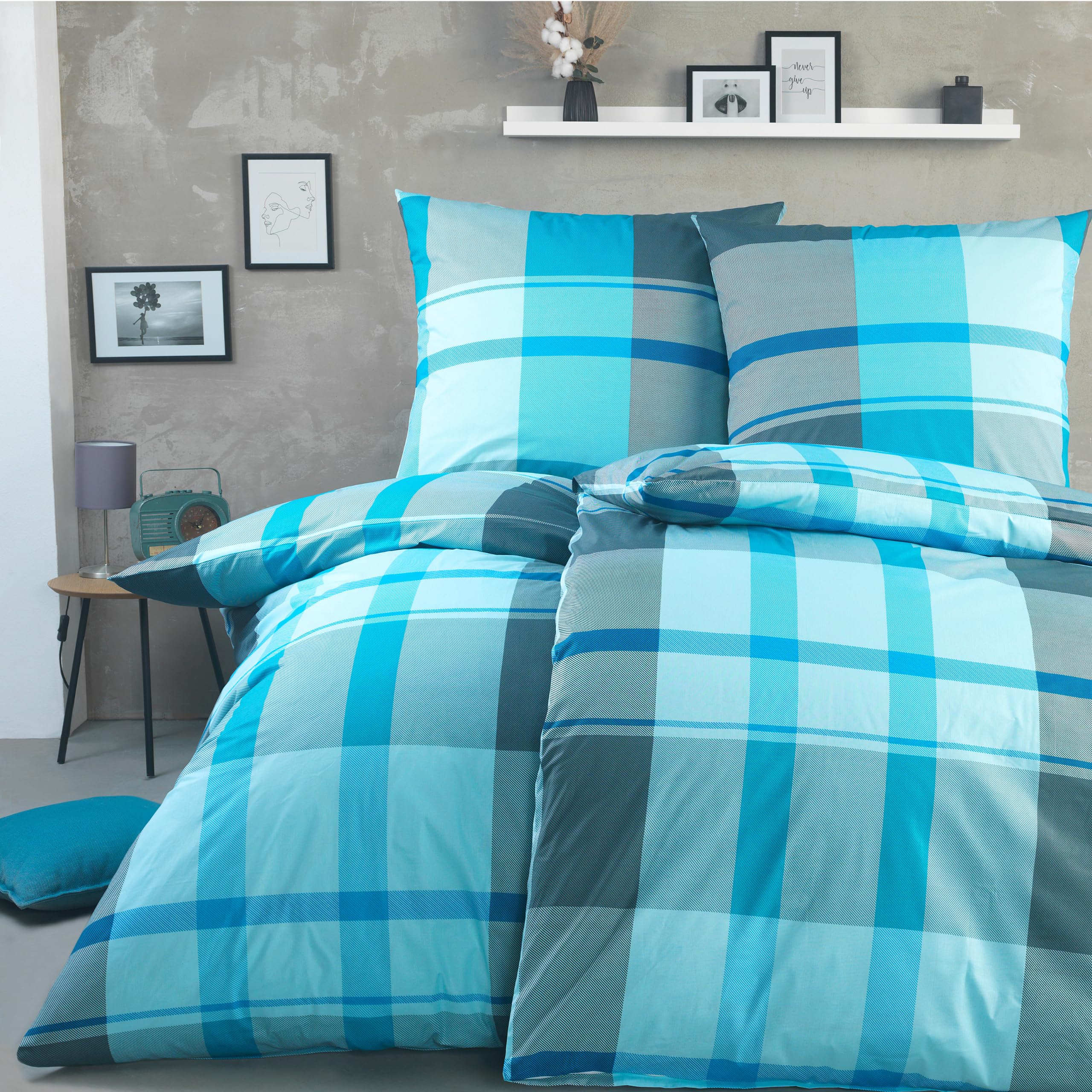 BaSaTex Bettwäsche Set Renforcé, 4-TLG., 135 x 200 cm, Karo Türkis | 100% Baumwolle, Öko_Tex Zertifiziert, Reißverschluss