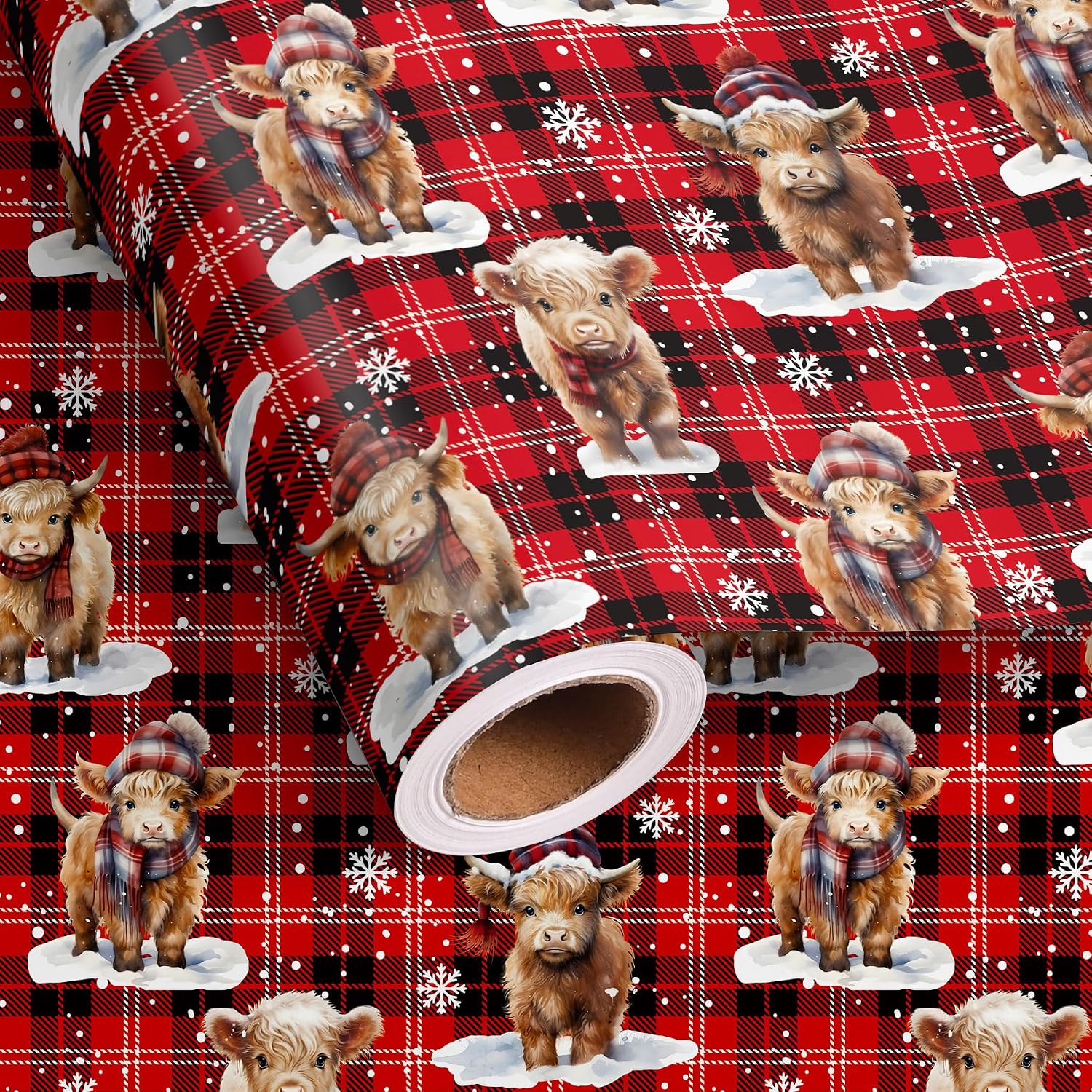Altarho Highland Cow Christmas Wrapping Paper Roll for Kids Boys Girls - Funny Christmas Cow Design Retro Red Black Buffalo Plaid Gift Wrap for Winter Holiday Decoration Total 28.5sq.ft