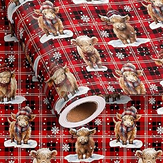 Altarho Highland Cow Christmas Wrapping Paper Roll for Kids Boys Girls - Funny Christmas Cow Design Retro Red Black Buffalo Plaid Gift Wrap for Winter Holiday Decoration Total 28.5sq.ft
