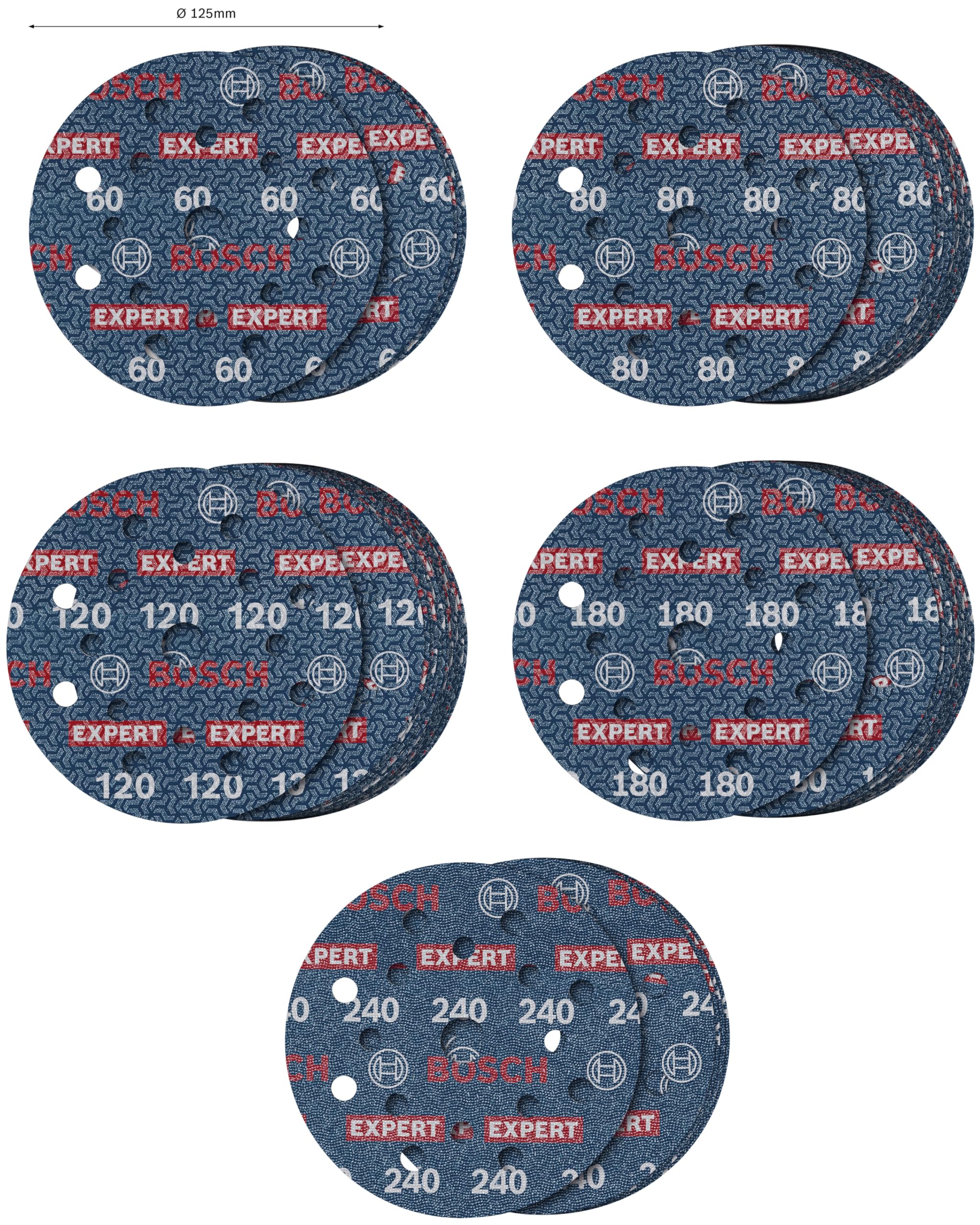 Bosch 55x EXPERT O780 Folienschleifscheiben-Set, 125 mm, 55‑tlg. (für Hartholz, Farbe auf Holz, Ø 125 mm, Körnung 5 x 60, 15 x 80, 15 x 120, 15 x 180, 5 x 240, Professional Zubehör Exzenterschleifer)