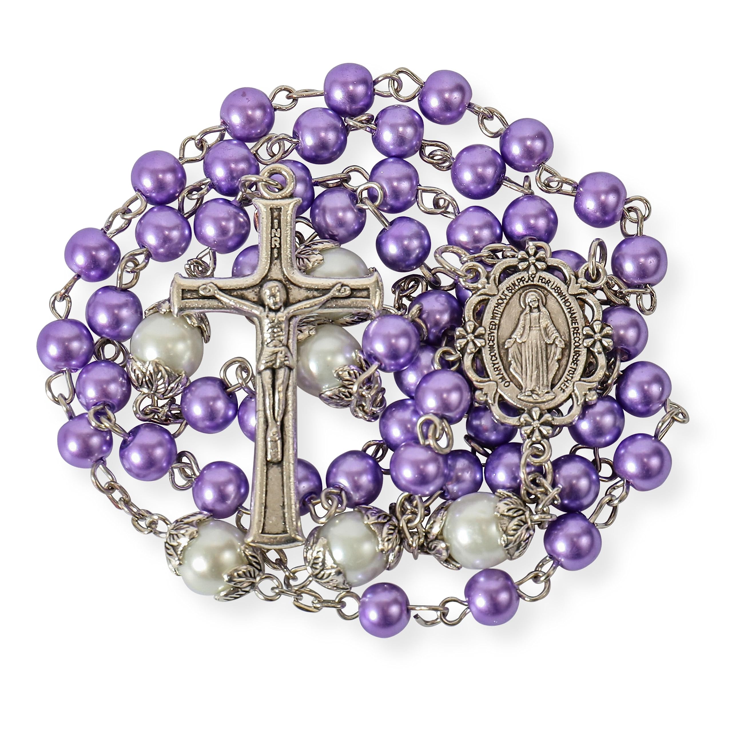 Nazareth Store 6mm Pearl-like Glass Rosaries with White Mystery Beads & Miraculous Medal, Purple, 21 pulgadas - Image 4