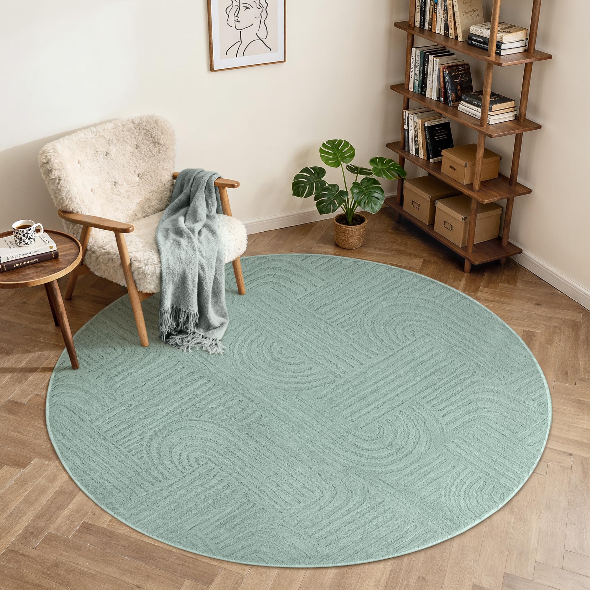 BEIMO Soft Washable Rug, 160 cm Round Rug, Low Pile Area Rugs Non Slip Carpet for Living Room Bedroom, Geometric Pure Sage Green
