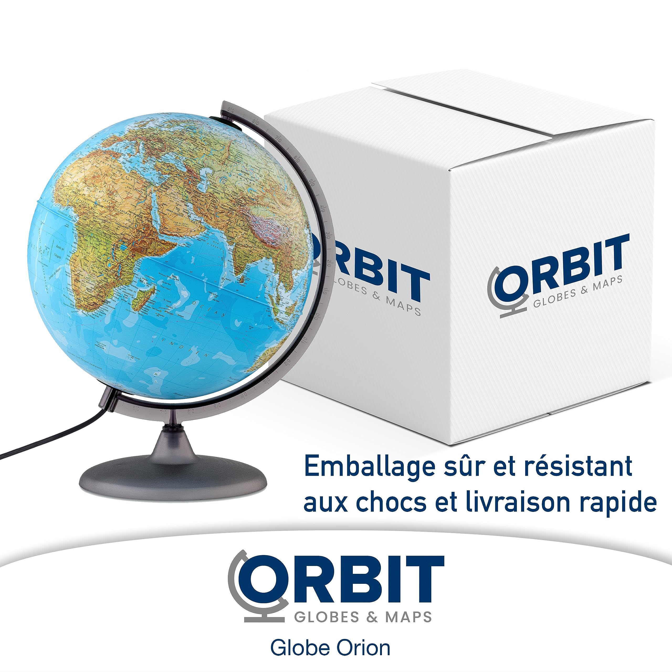 ORBIT GLOBES & MAPS - Globe lumineux - globe de 30cm avec pied stable, image de carte 2023 physique/politique avec lampe LED, image de carte française actuelle
