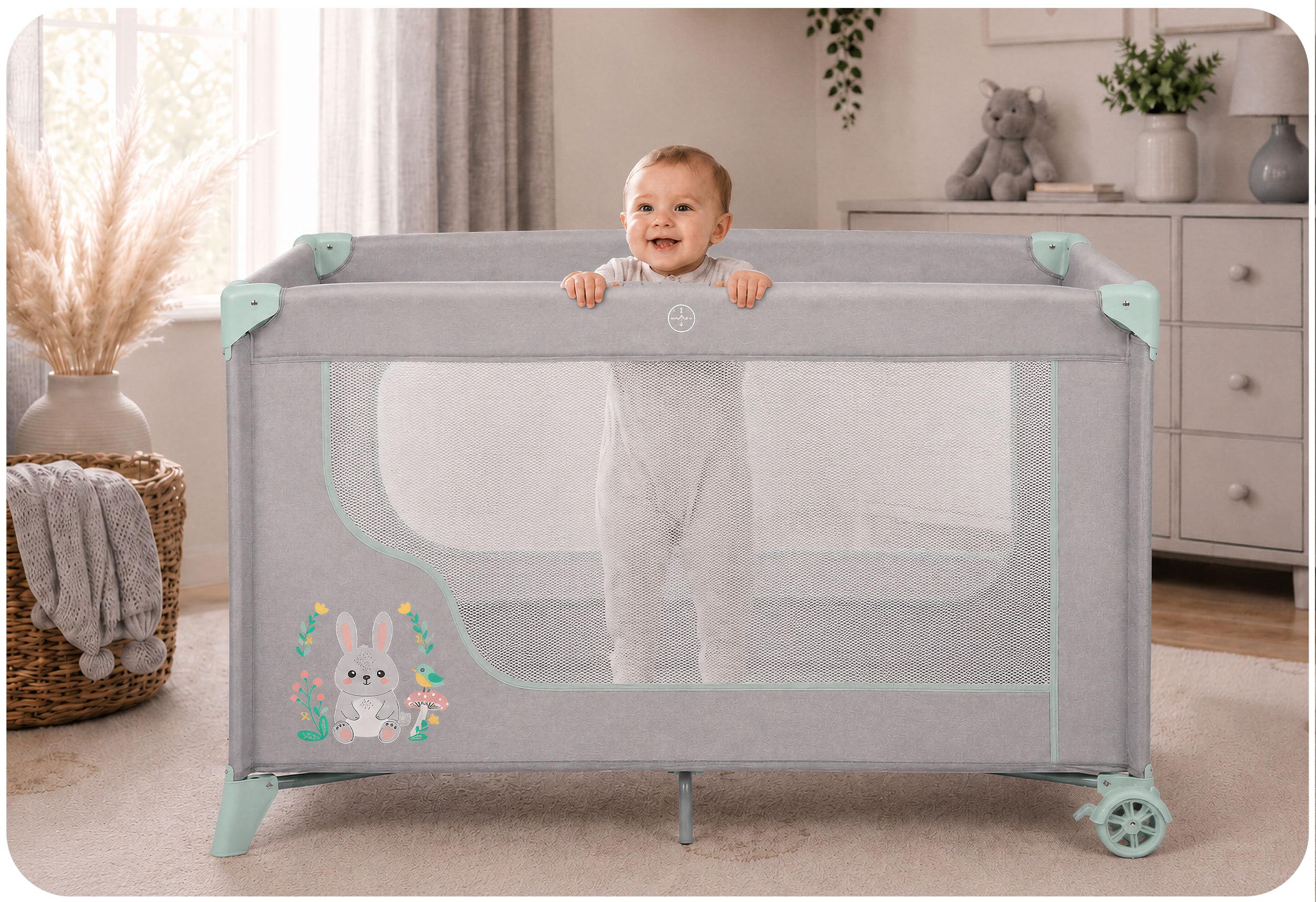 Ricokids Reisebett Baby Mit Matratze 123,5 x 64 x 76 cm Kinderreisebett Babybett Bis 15 kg 2 Räder Mit Bremsen Abnehmbarer Seiteneingang Transporttasche Faltbar Kompakt Hellgrau Lavendel