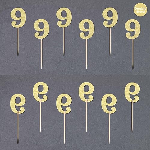 Miniatura 4 de Gexolenu 24 piezas doradas de doble cara para cupcakes de 9 cumpleaños, decoración con purpurina de nueve años, decoración de fiesta de cumpleaños