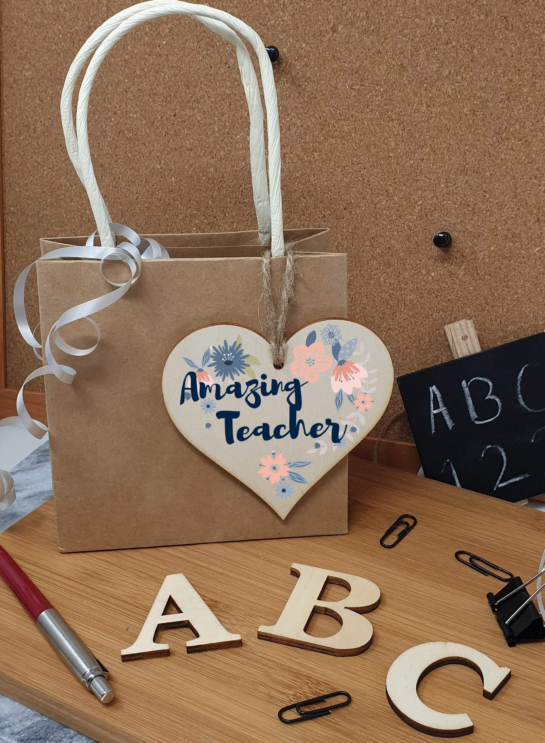 The Plum Penguin Handmade Wooden Hanging Heart Plaque Gift Amazing Teacher Thank You Special Someone Floral Style Present from child - Image 3