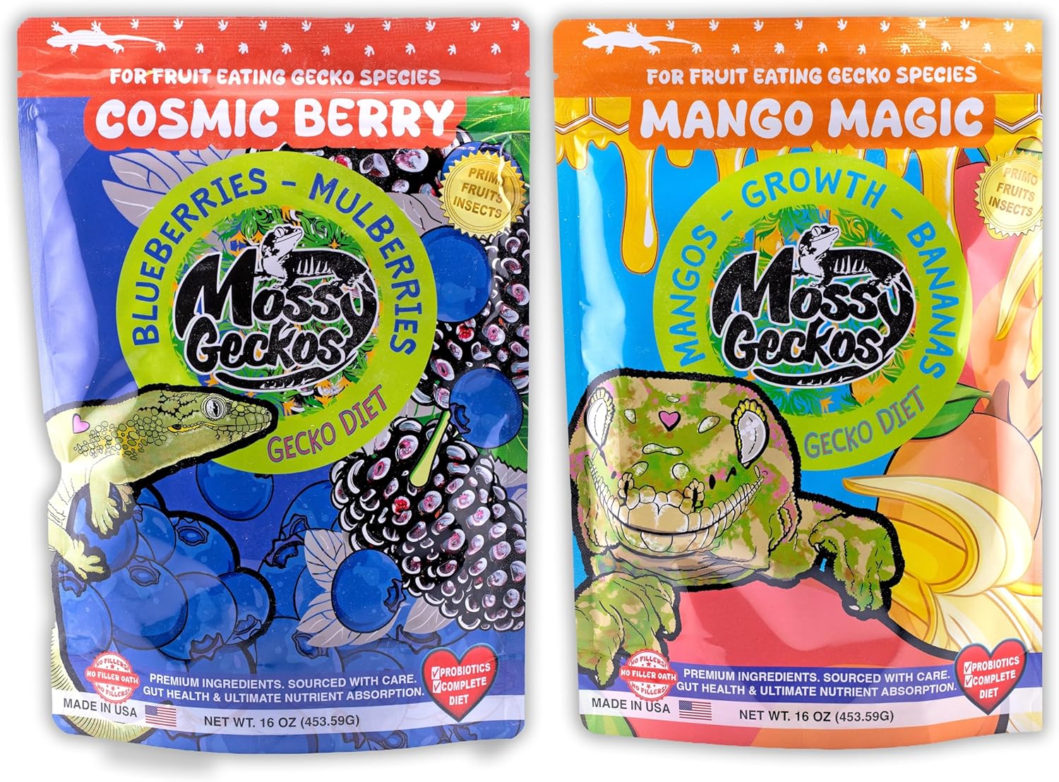 Complete Gecko Diet for Fruit and Insect Eating Geckos, 2 Pack, 2 oz & 16 oz, with Human-Grade Dried Fruit, Probiotics and Vitamins (2 Ounce (Pack of 2), Fig Date Night & Cosmic Berry)