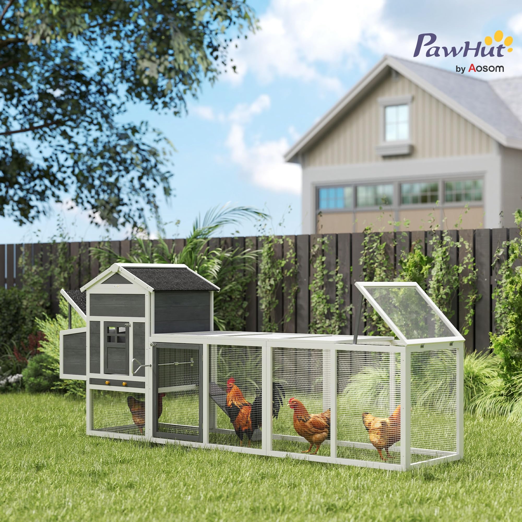 PawHut Poulailler en Bois avec Pondoir 3-6 Poulets Bois Massif Blanc | Poulailler pour Poules Extérieur, Niche Séparée, Plusieurs Portes, Bac Amovible