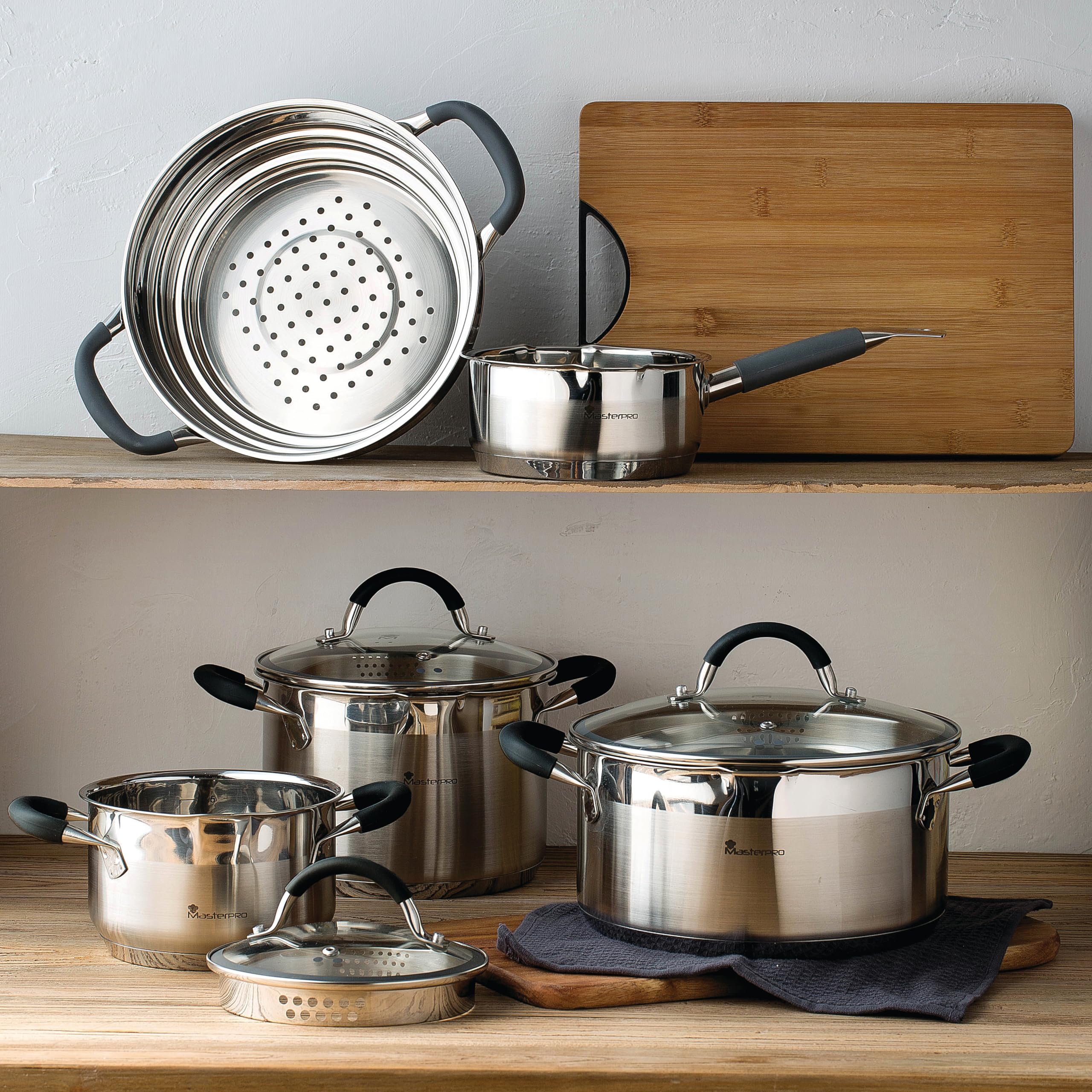 MasterPro Foodies - Cacerola de 1.8L, 16 x 10 cm, Acero Inoxidable, Revestimiento Antiadherente, Mango ergonómico, Apto para toda tipo de cocinas incluido inducción, Libre de tóxicos