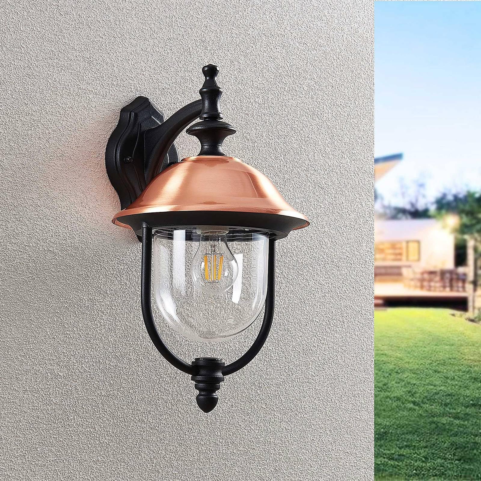 Lindby Wandleuchte außen (Laterne) Clint (spritzwassergeschützt (Retro, Vintage Antik) in Kupfer aus Aluminium (1 flammig E27) - Außenwandleuchten Wandlampe Led Außenlampe Outdoor für