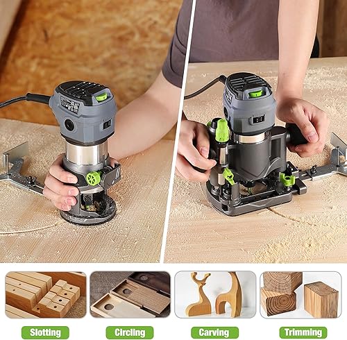 Miniatura 7 de WORKPRO Kit combinado de enrutador compacto, enrutador compacto de 6.5 amperios base fija y enrutador de inmersión para recortar ranurado de