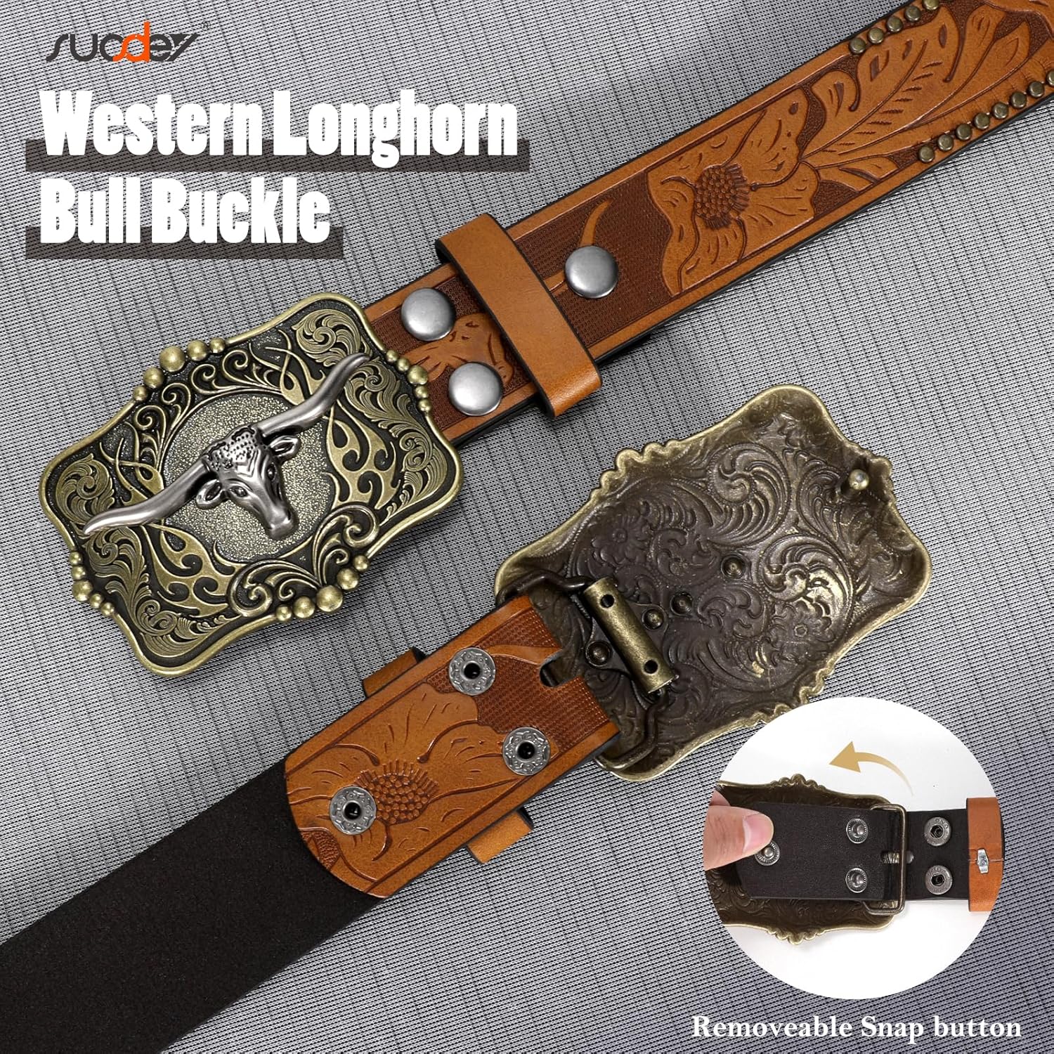 SUOSDEY Women Western Leather Belt, Cowboy Cowgirl Belt for Jeans Pants Longhorn Bull Big Buckle Belt - Image 3