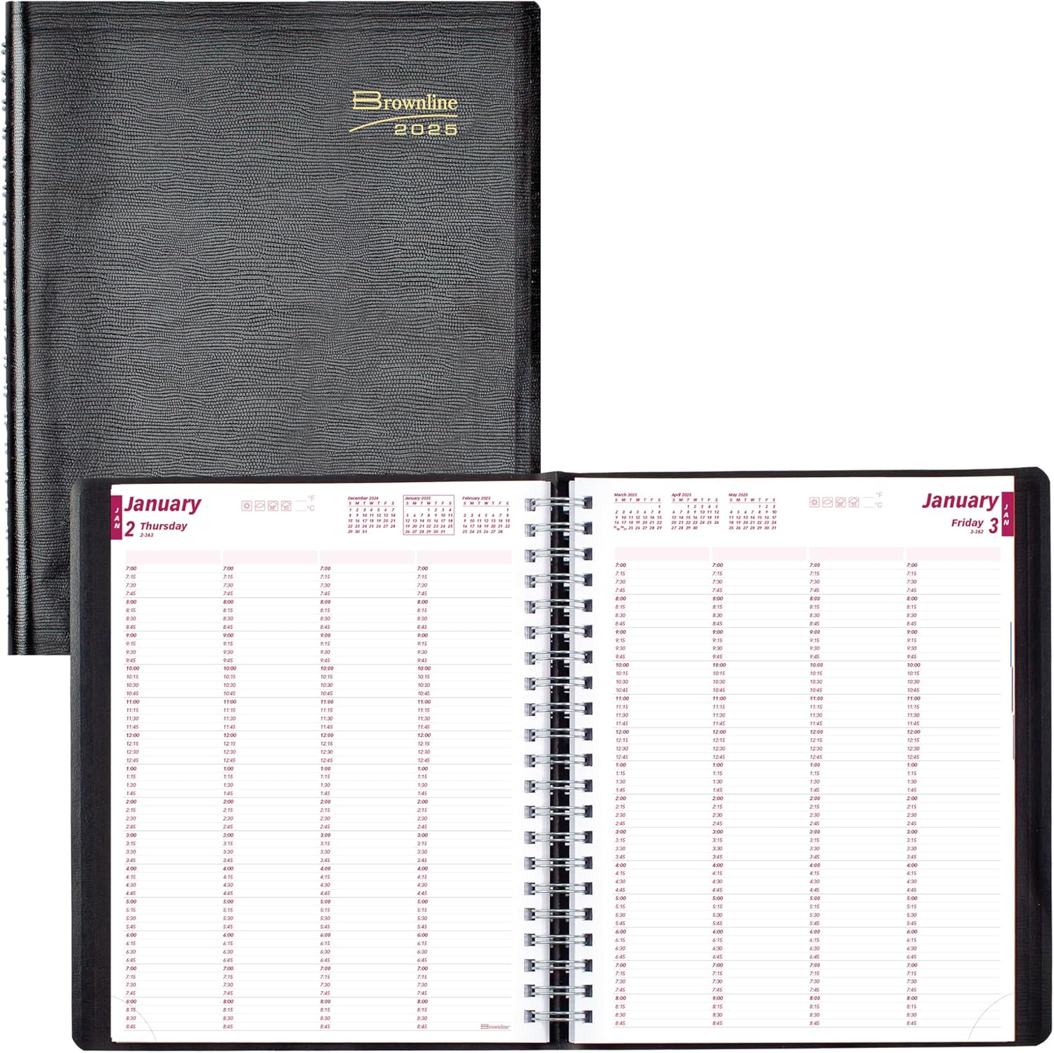 Brownline® 2025 Essential Daily Professional Planner, Four-Person Appointment Book, 12 Months, January to December, Twin-Wire Binding, 11" x 8.5", Black (CB960.BLK-25)