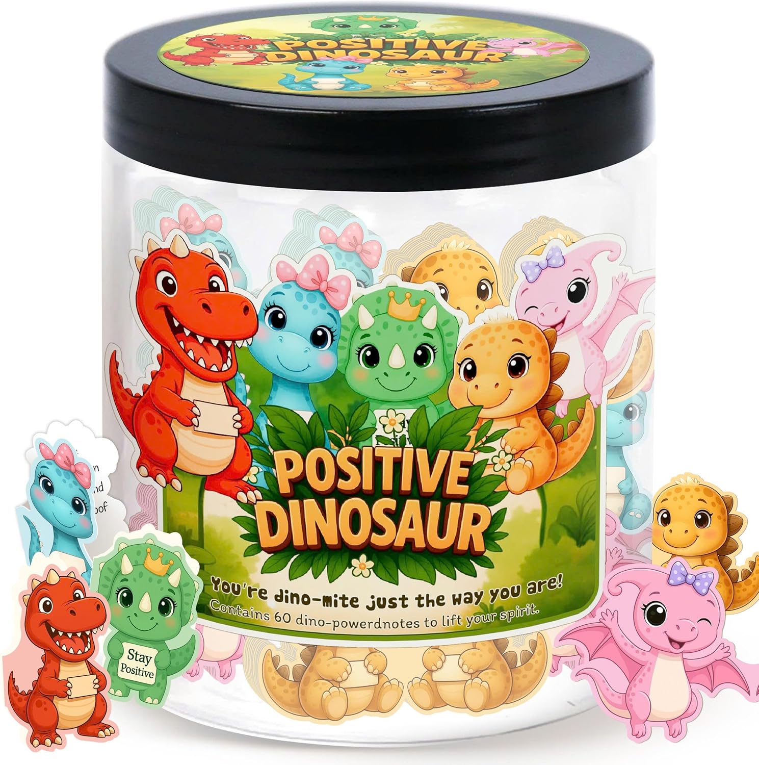 Positive Dinosaur Jar with 60 Affirmation Cards, Emotional Support Dino Gift, Dinosaur Gifts for Adults, Funny Dinosaur Decor for Home or Desk