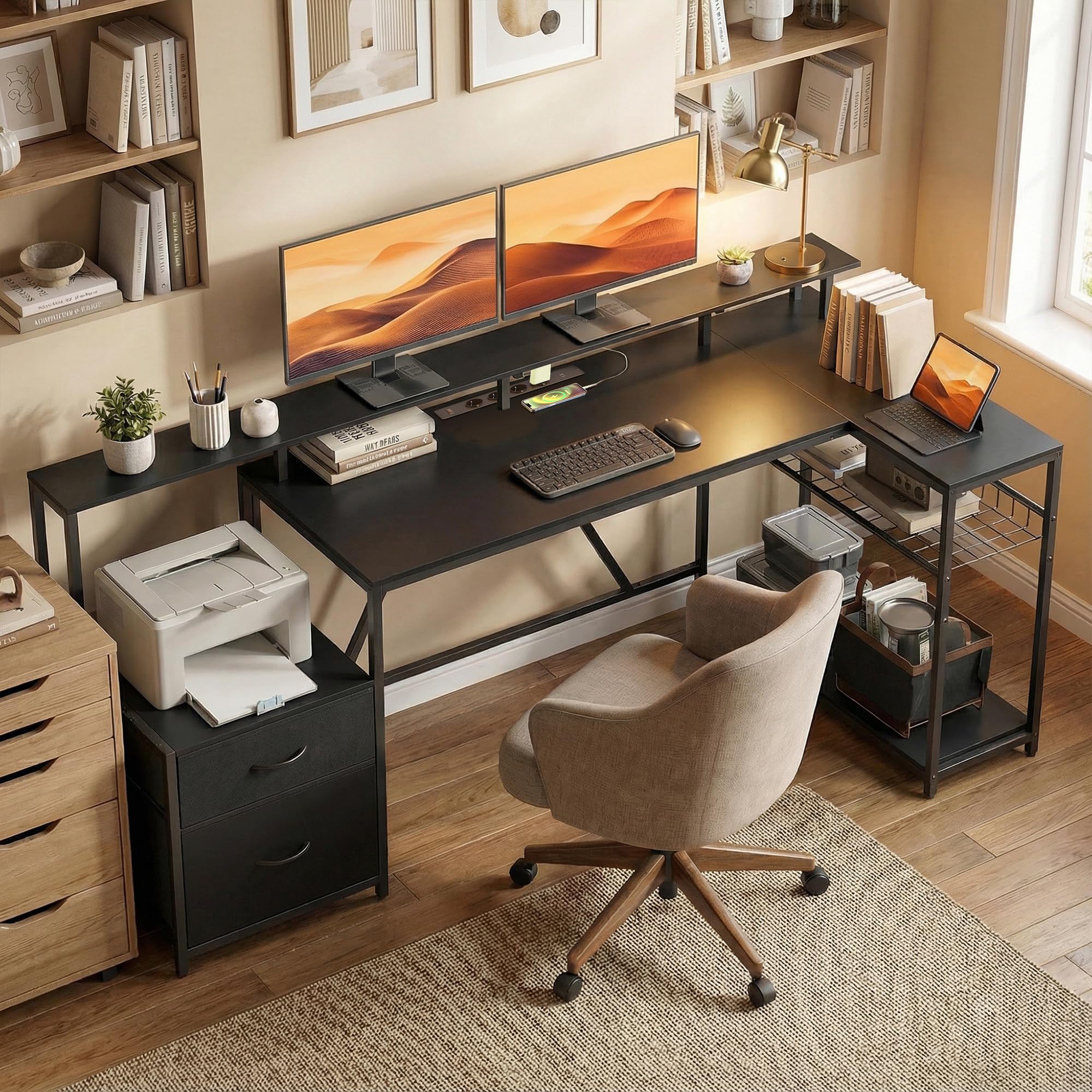 HOMCOM Scrivania Gaming Reversibile ad L con LED, 192.5cm Scrivania Angolare con Prese Elettriche, Supporto Monitor e CPU, 2 Cassetti in Tessuto per Documenti A4/Legale, per Casa Ufficio Studio, Nero