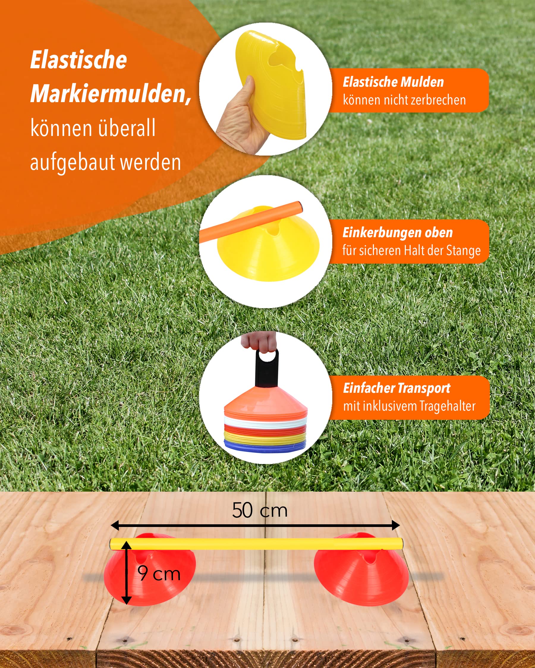 Cavaletti Mini-Hürden 10er Set – Markiermulden Rot & gelbe 50 cm Stangen – inkl. Tragetasche – sichere Trainingshürden für Hunde – Agility & Koordination