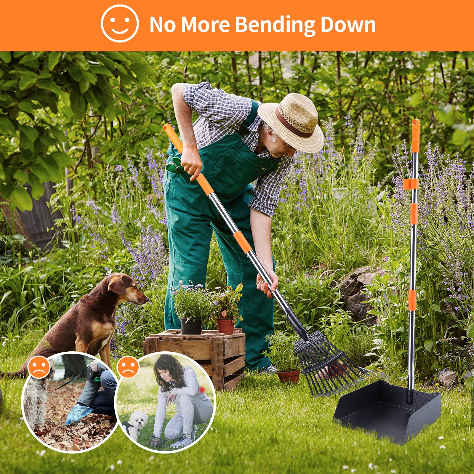 PETTOM Hundekotschaufel Set Pet Poop Tray Rake und Spade Set für große mittlere kleine Hunde - 97cm Lange verstellbare Griff mit EIN Paar Handschuhe
