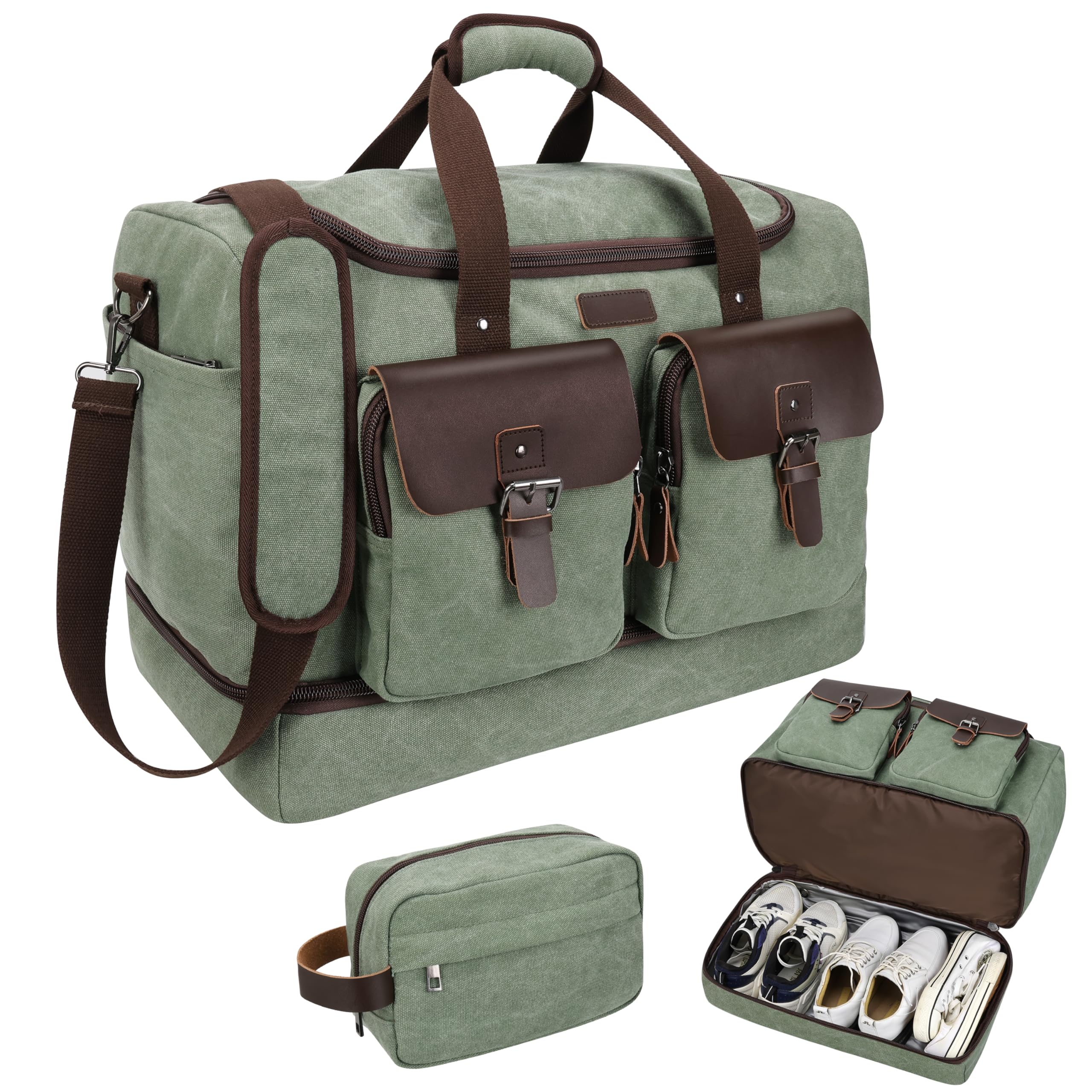 Large Capacity Waterproof Canvas & Genuine Leather Travel Duffle Bag with Shoe Compartment - Vintage Weekender Overnight Travel Carry-On Bag