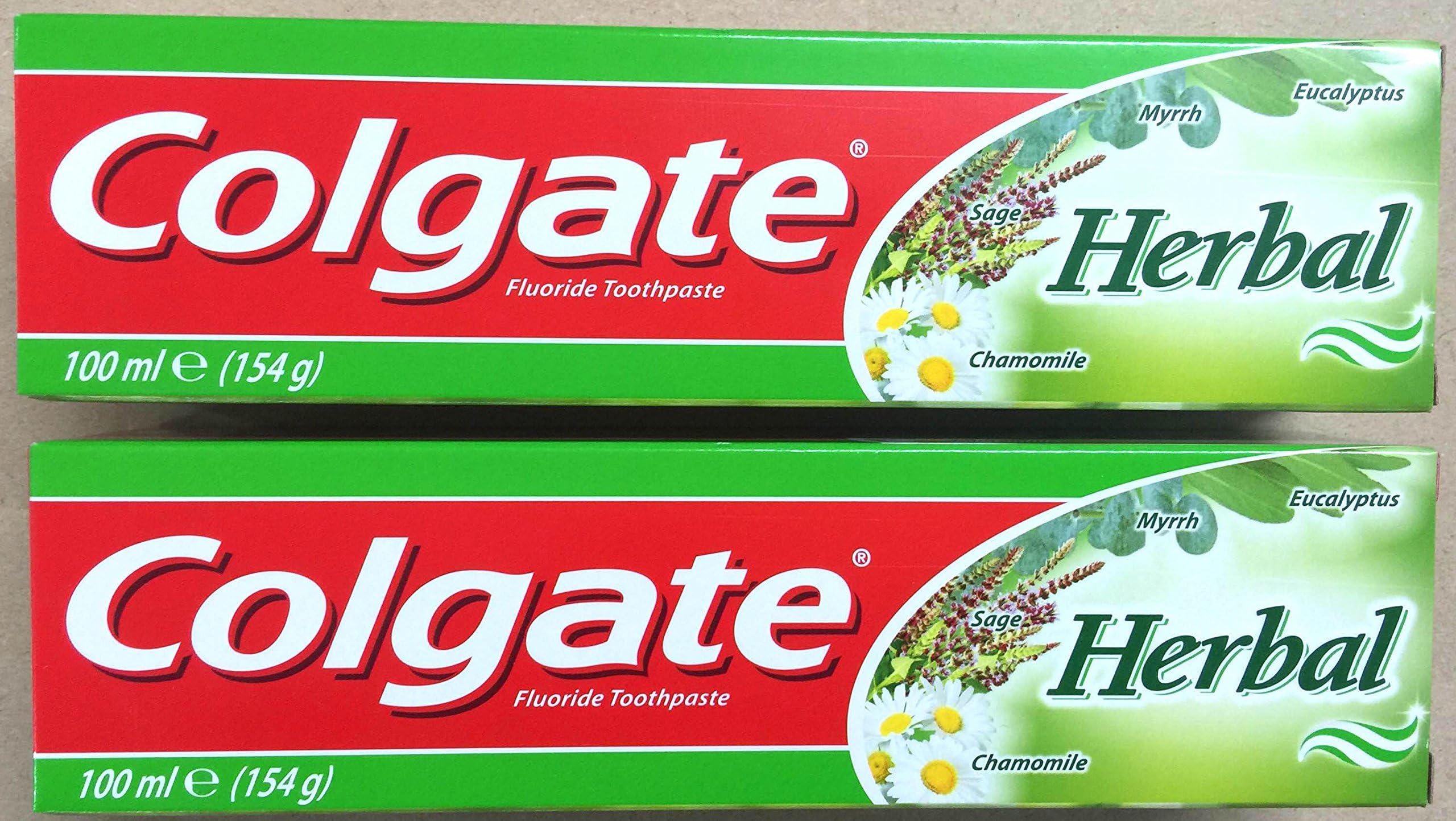 2 x Colgate Herbal Fluoride Toothpastes 100ml (154g) Eucalyptus, Myrrh, Sage & Chamomile