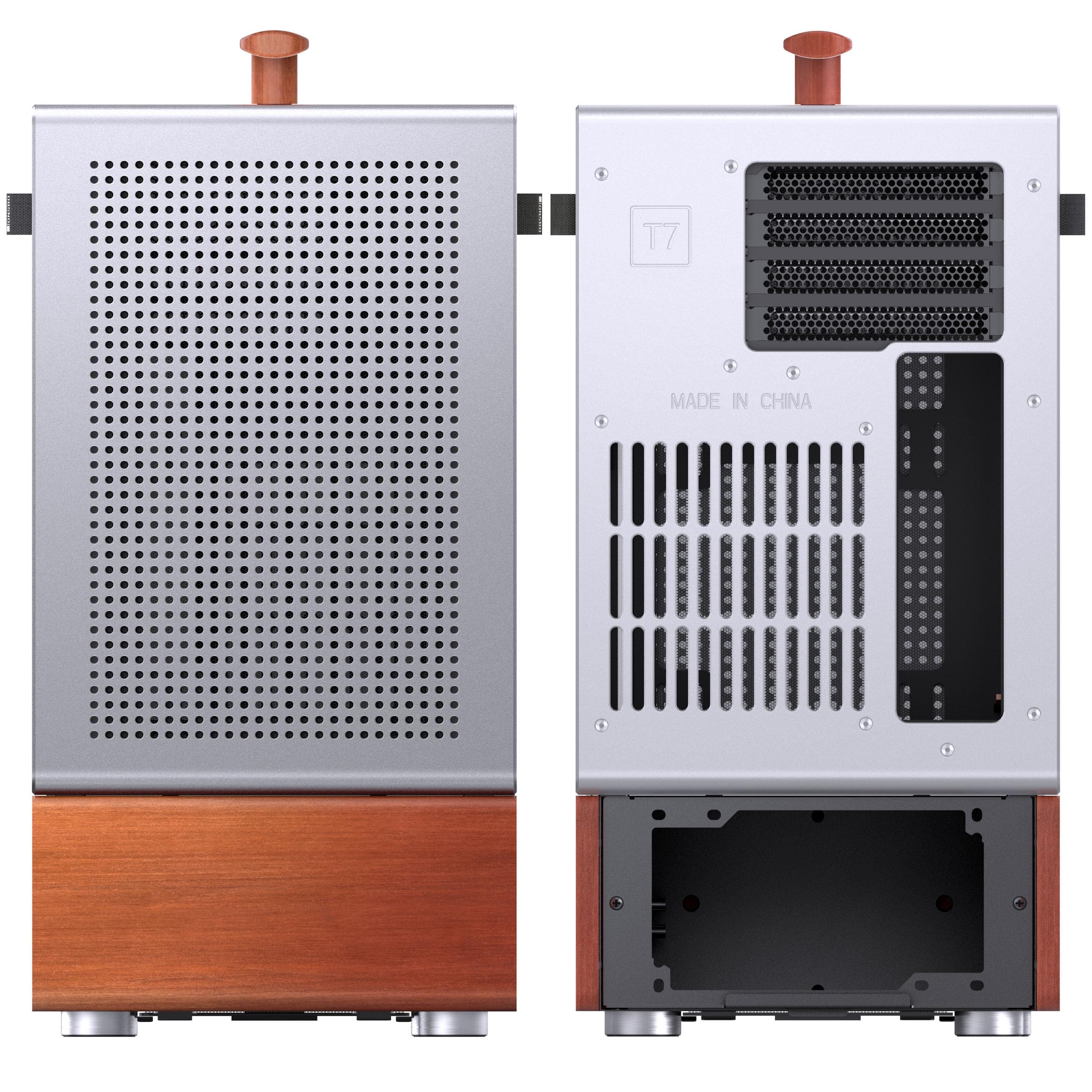 Jonsbo T7 Micro-ATX PC-Gehäuse – Silber | mATX Case mit Aluminium & Holzgriff, Tempered Glass, Zwei-Kammer-Design, USB-C