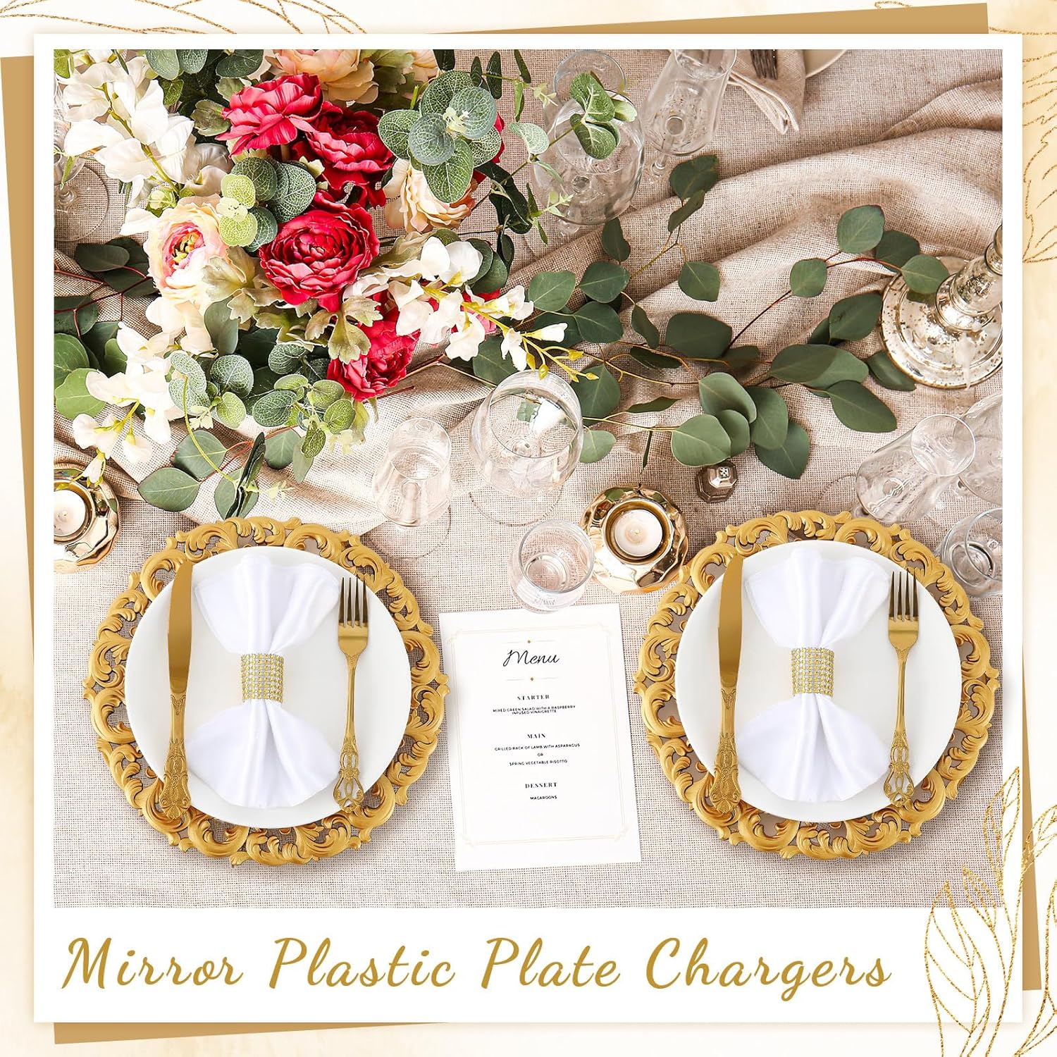 Maxdot 12 Pcs 13" Gold Mirror Charger Plates for Dinner Plates Plastic Round Embossed Edge Dinner Chargers for Table Setting Wedding Party Christmas Holiday Supplies Elegant Tabletop