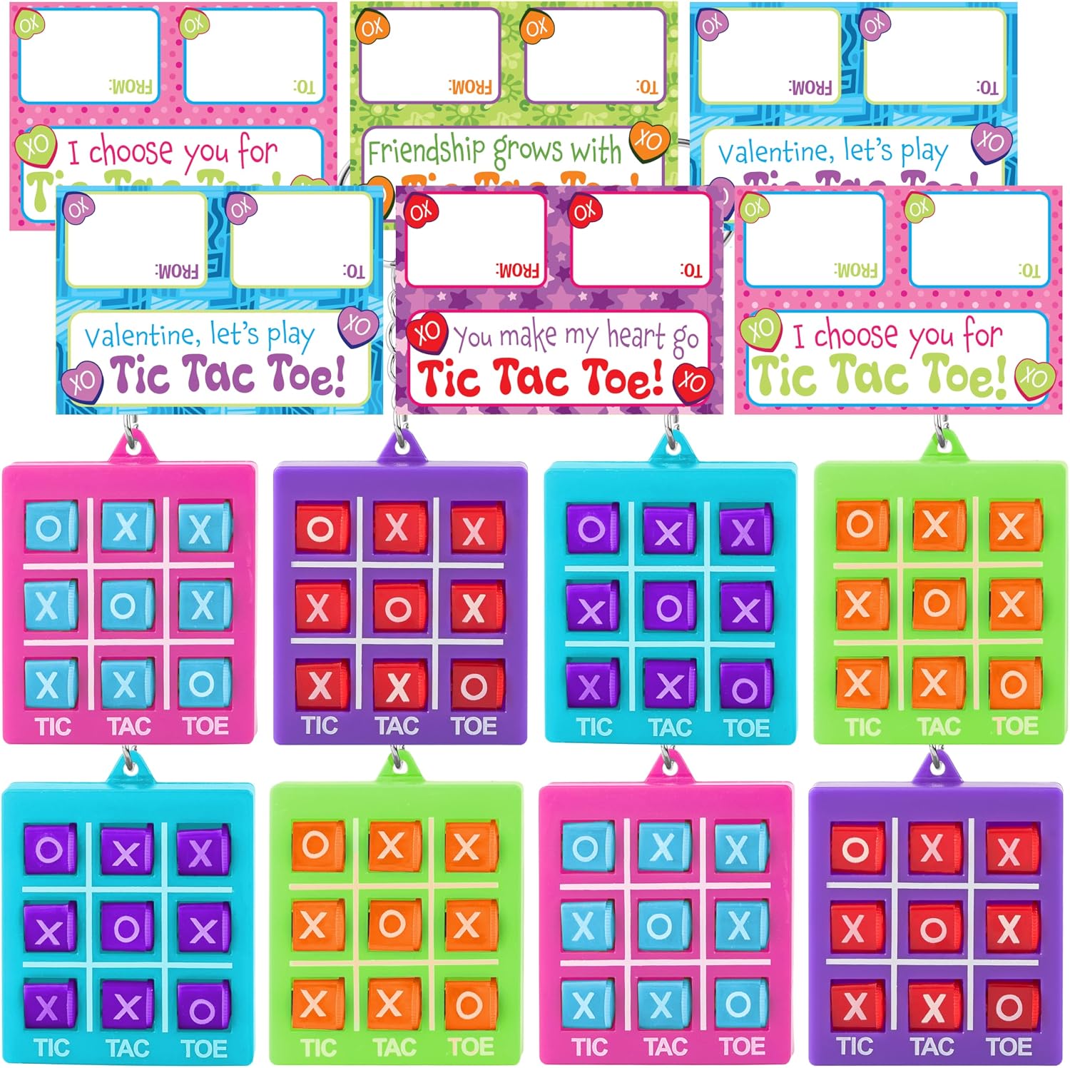 JOYIN 28 Pcs Valentine's Day Tic-tac-Toe Keychains with Bags & Tags, Plastic Tic Tac Toe Game Favors with 4 Colors, Valentines Day Gifts Card for Kids Boys Girls Classroom Prize Goodie Bag Stuffers image 2