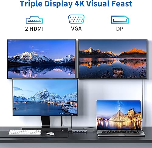 Miniatura 4 de Adaptador USB C a HDMI dual, estación de acoplamiento de múltiples pantallas, monitor dual con 2 HDMI, Displayport, VGA, 100 W PD, 3 puertos USB,