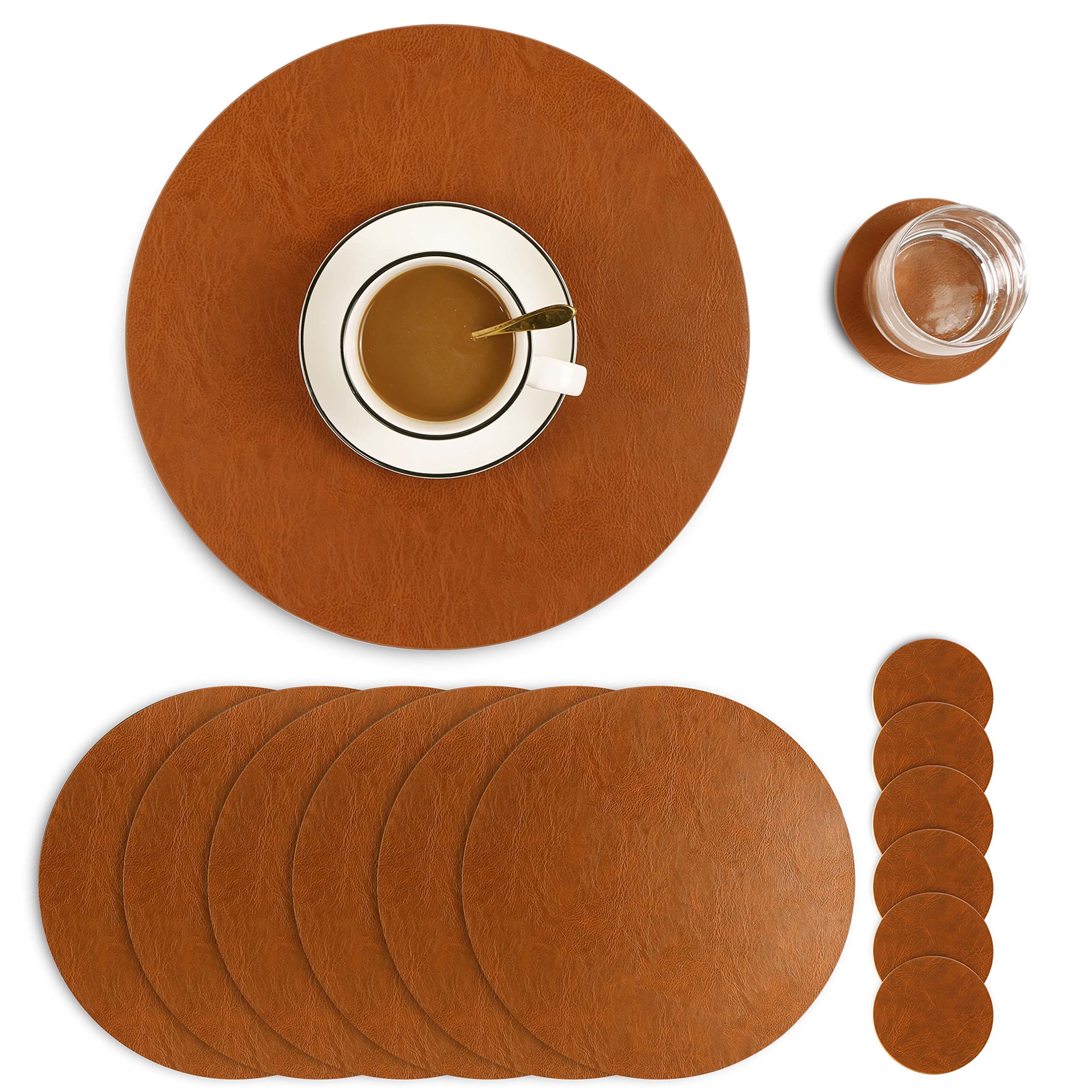 Set of 6 PU Leather Placemats, Waterproof Coffee Coasters, Kitchen Table Mats, Easy to Wipe Off for Dining Round Table